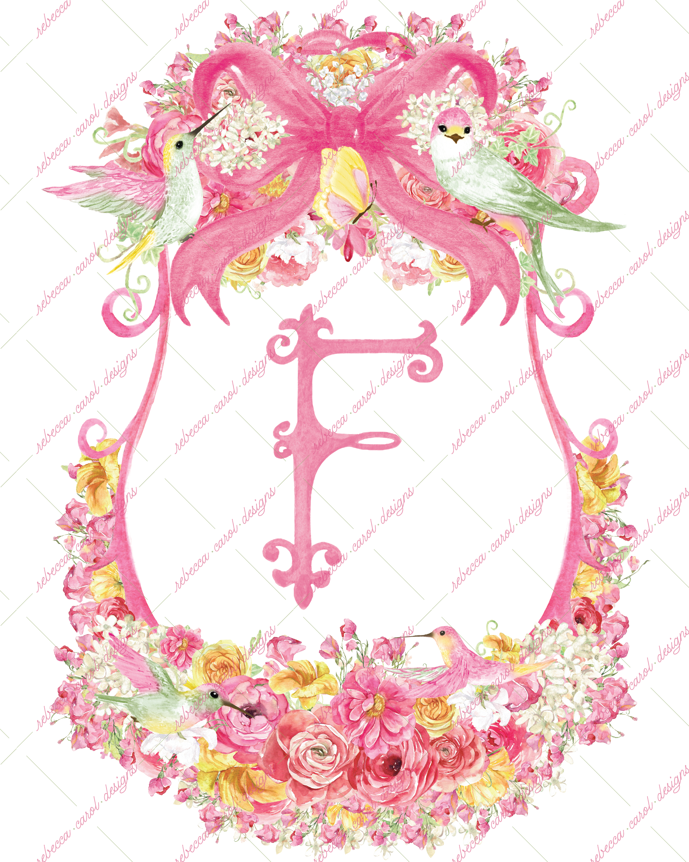 8x10in Watercolor Single Letter Monogram with Birds and Butterfly - F - Pink Option 1