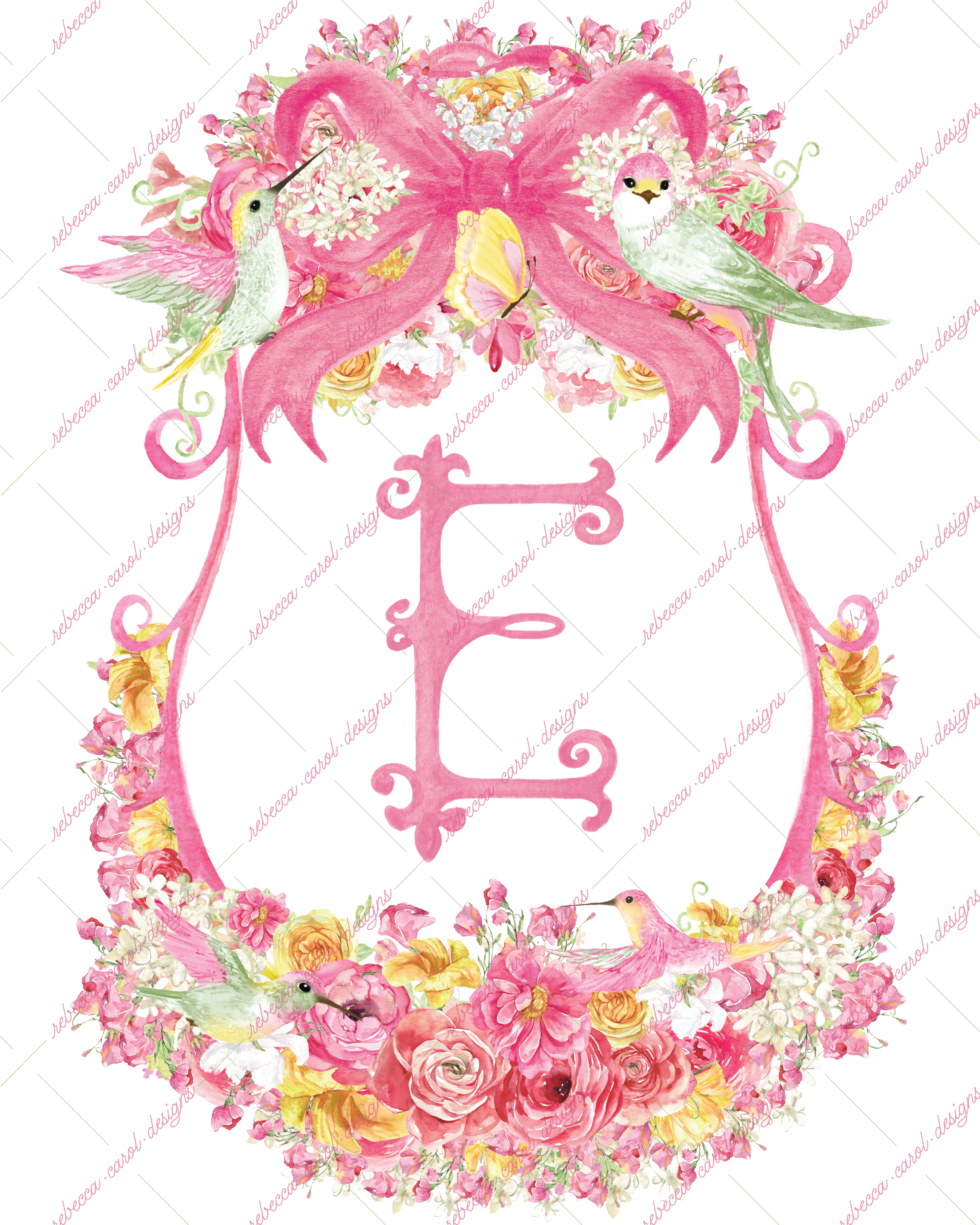 8x10in Watercolor Single Letter Monogram with Birds and Butterfly - E - Pink Option 1
