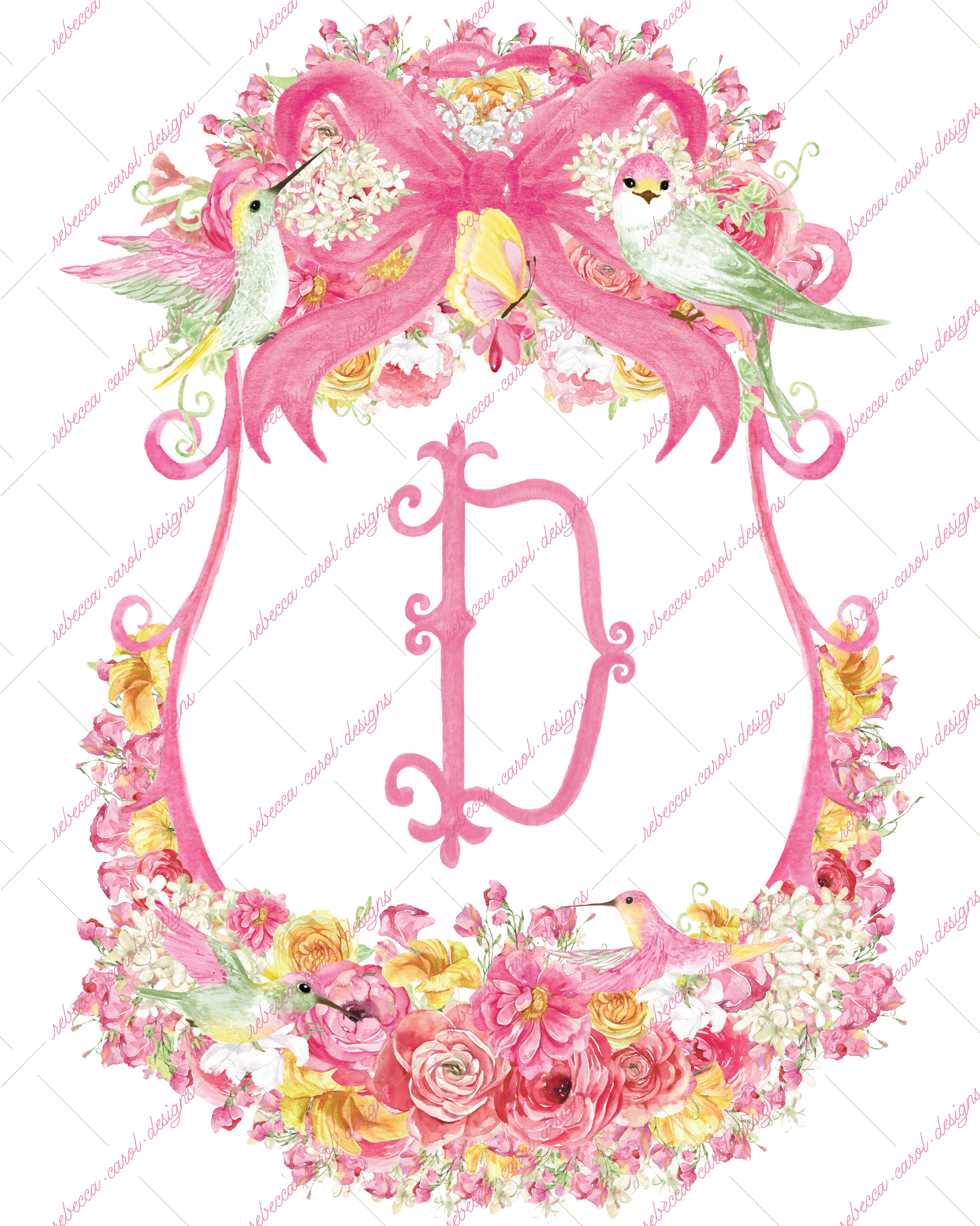 8x10in Watercolor Single Letter Monogram with Birds and Butterfly - D - Pink Option 1