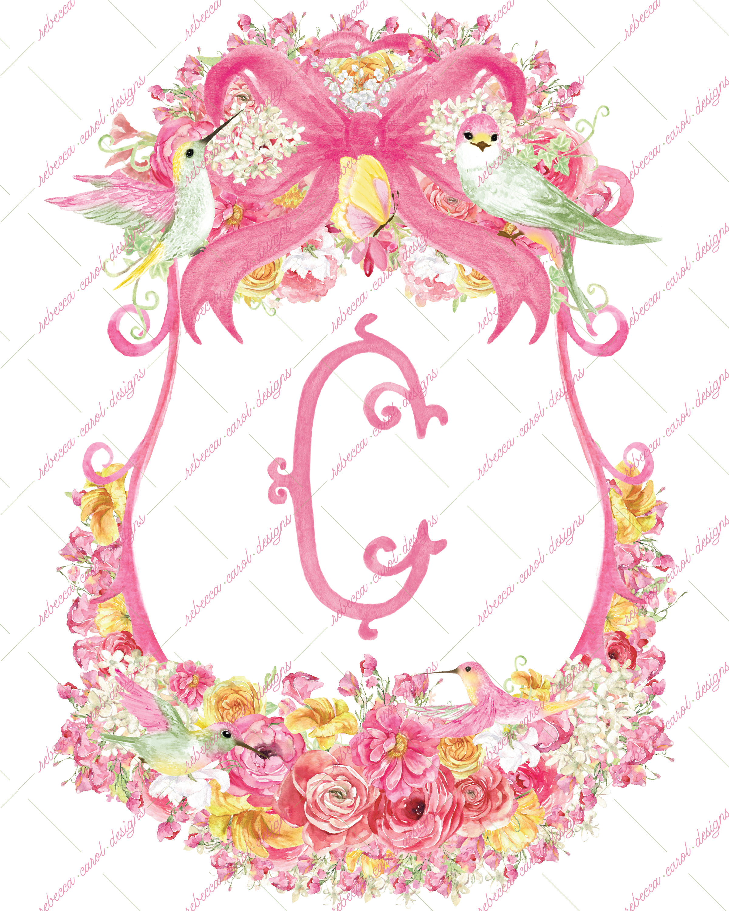 8x10in Watercolor Single Letter Monogram with Birds and Butterfly - C - Pink Option 1