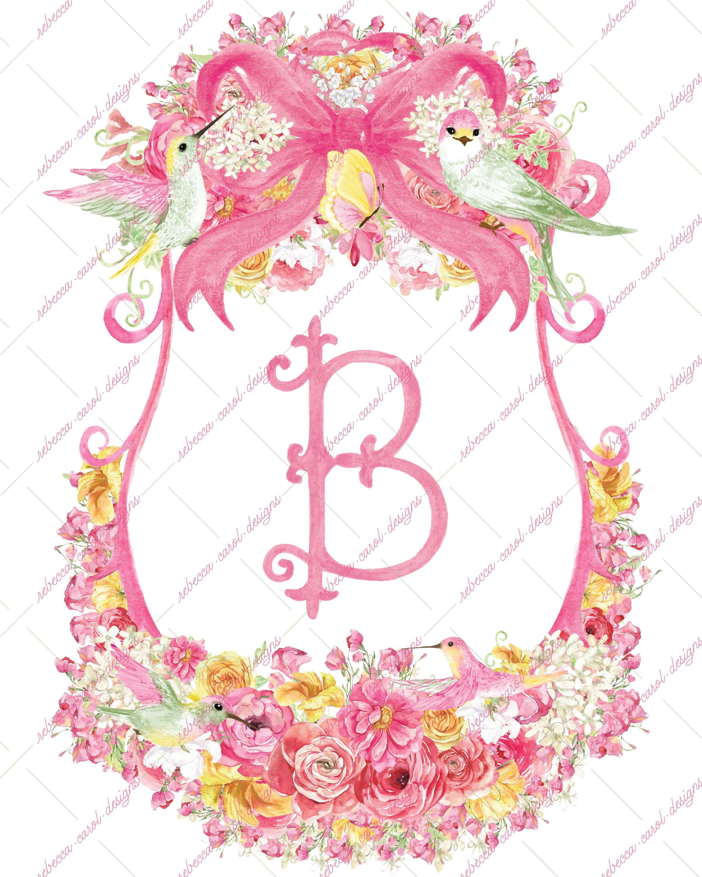 8x10in Watercolor Single Letter Monogram with Birds and Butterfly - B - Pink Option 1