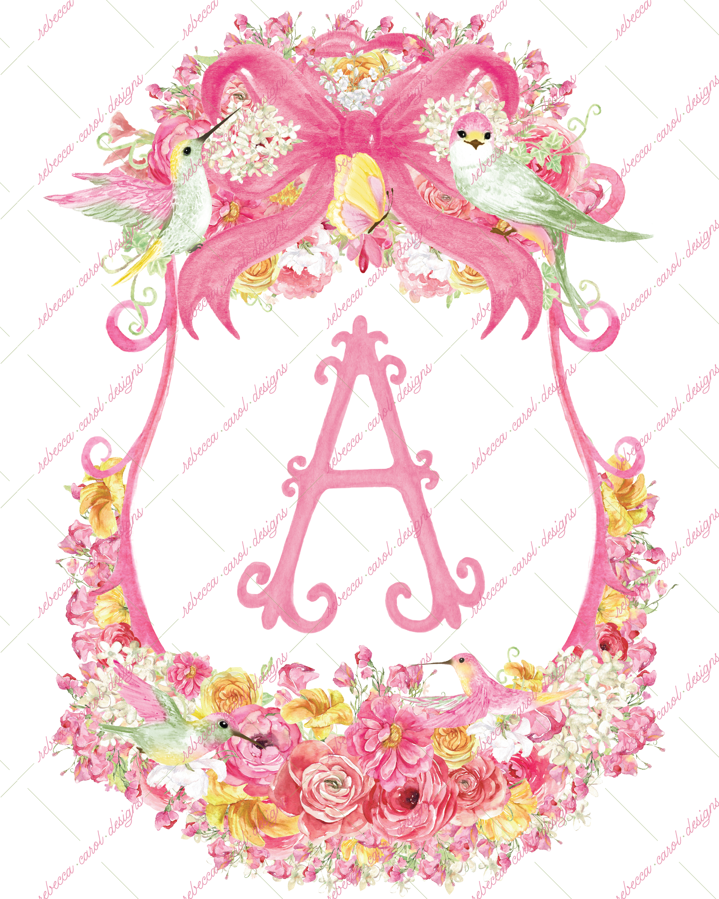 8x10in Watercolor Single Letter Monogram with Birds and Butterfly - A - Pink Option 1