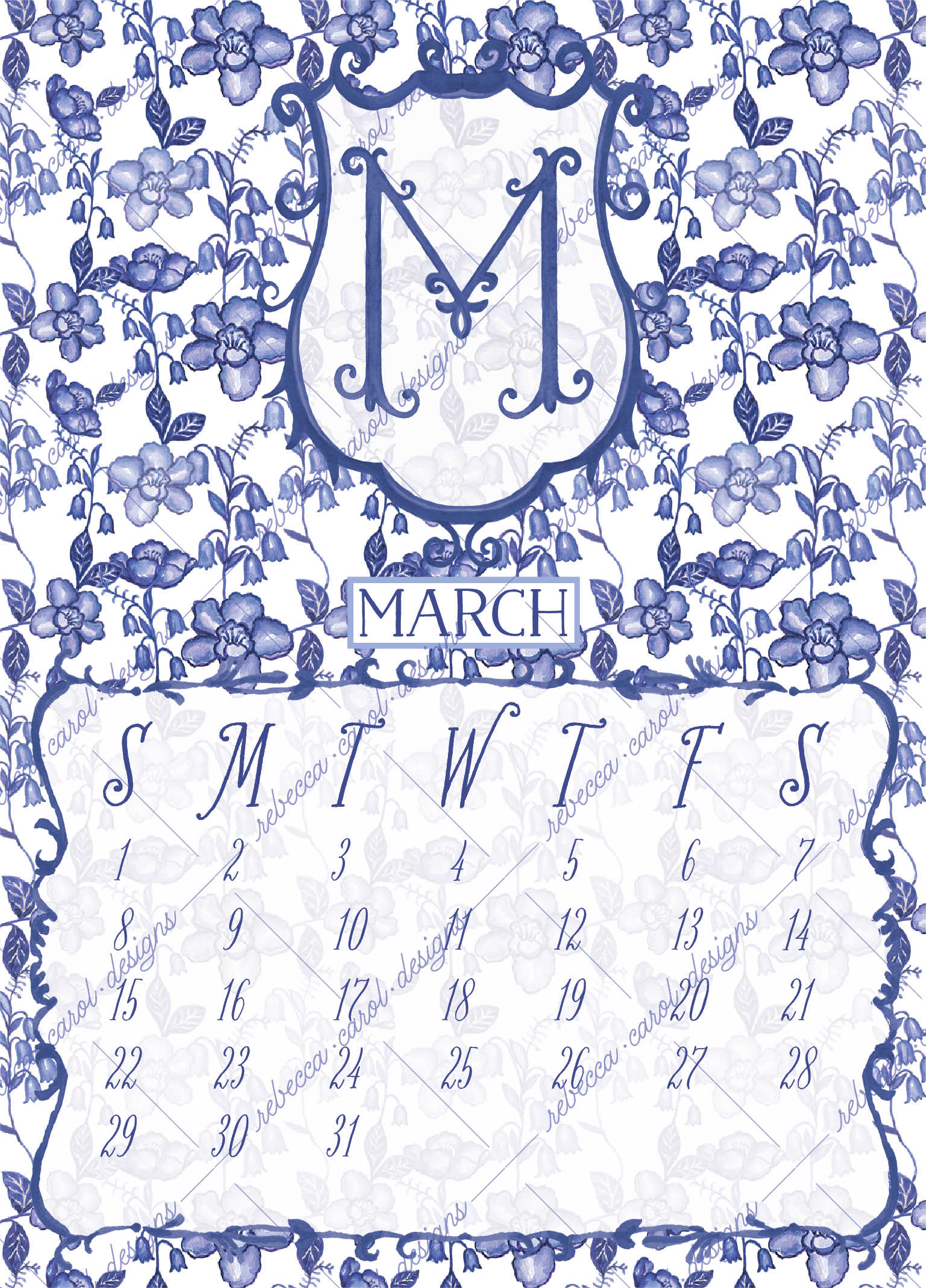 2026 Calendar-Blue & White Floral Chinoiserie