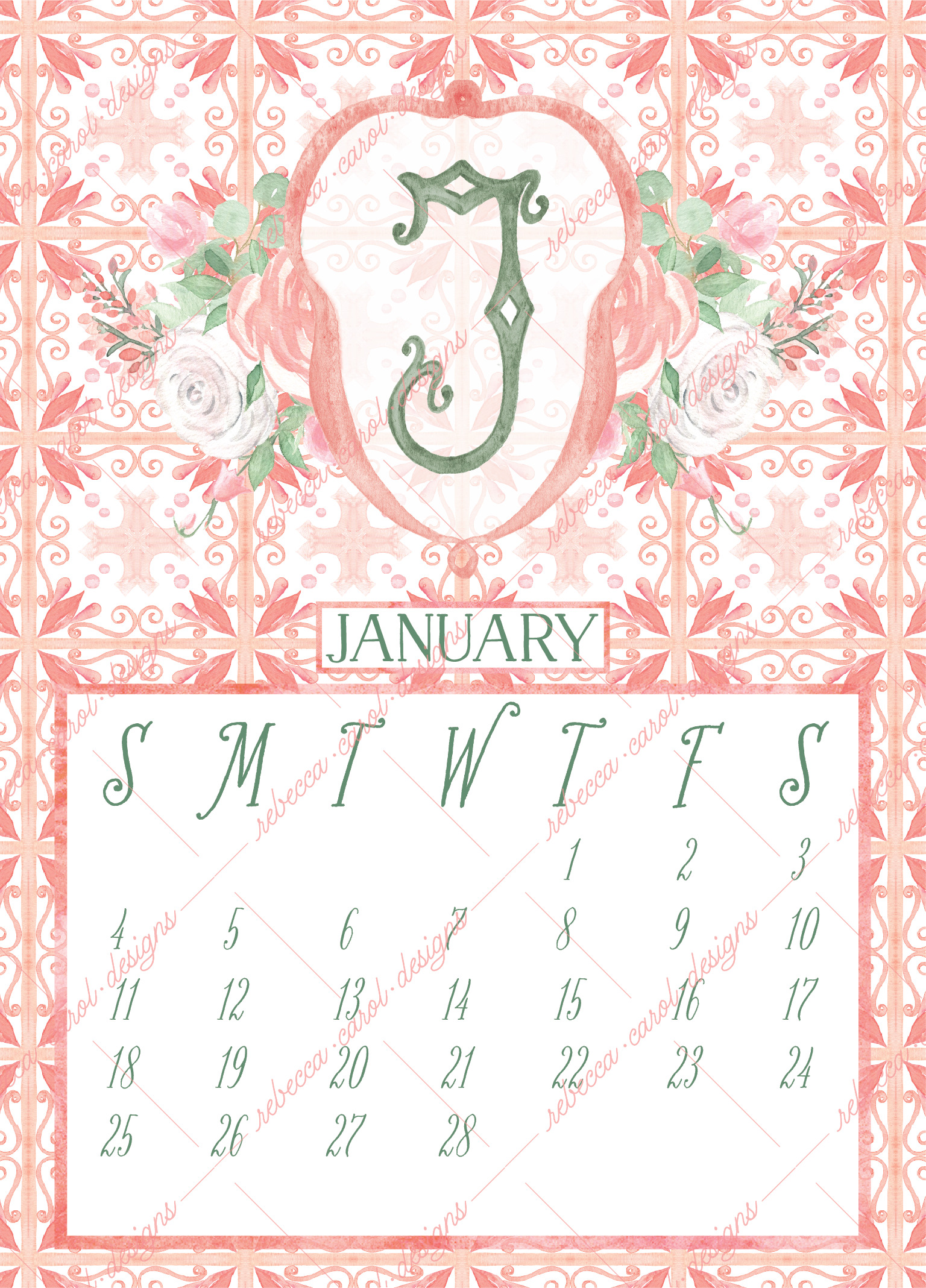 2026 Calendar-Blush Pink Tiles & Florals