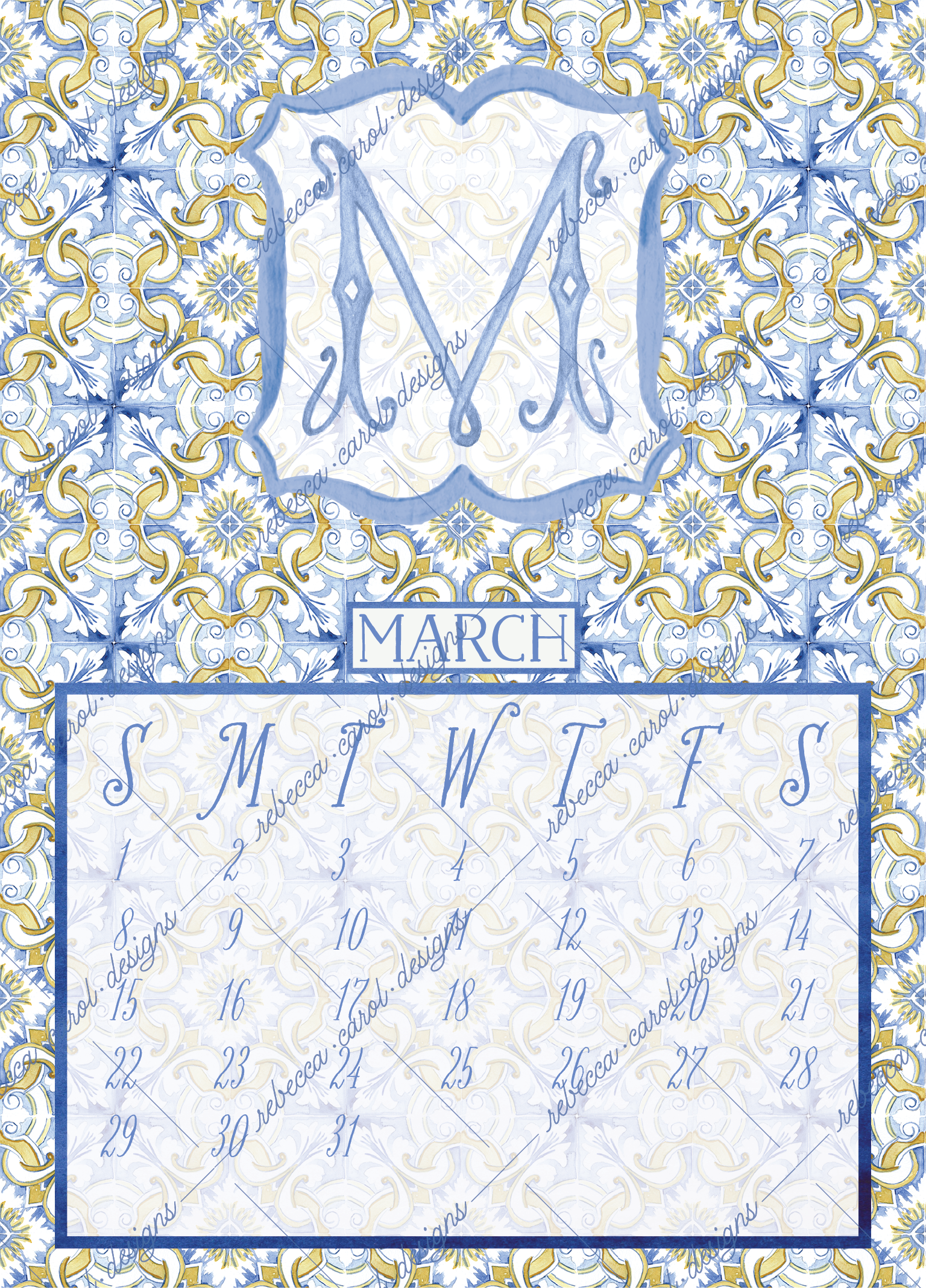 2026 Calendar-Blue Italian Tiles