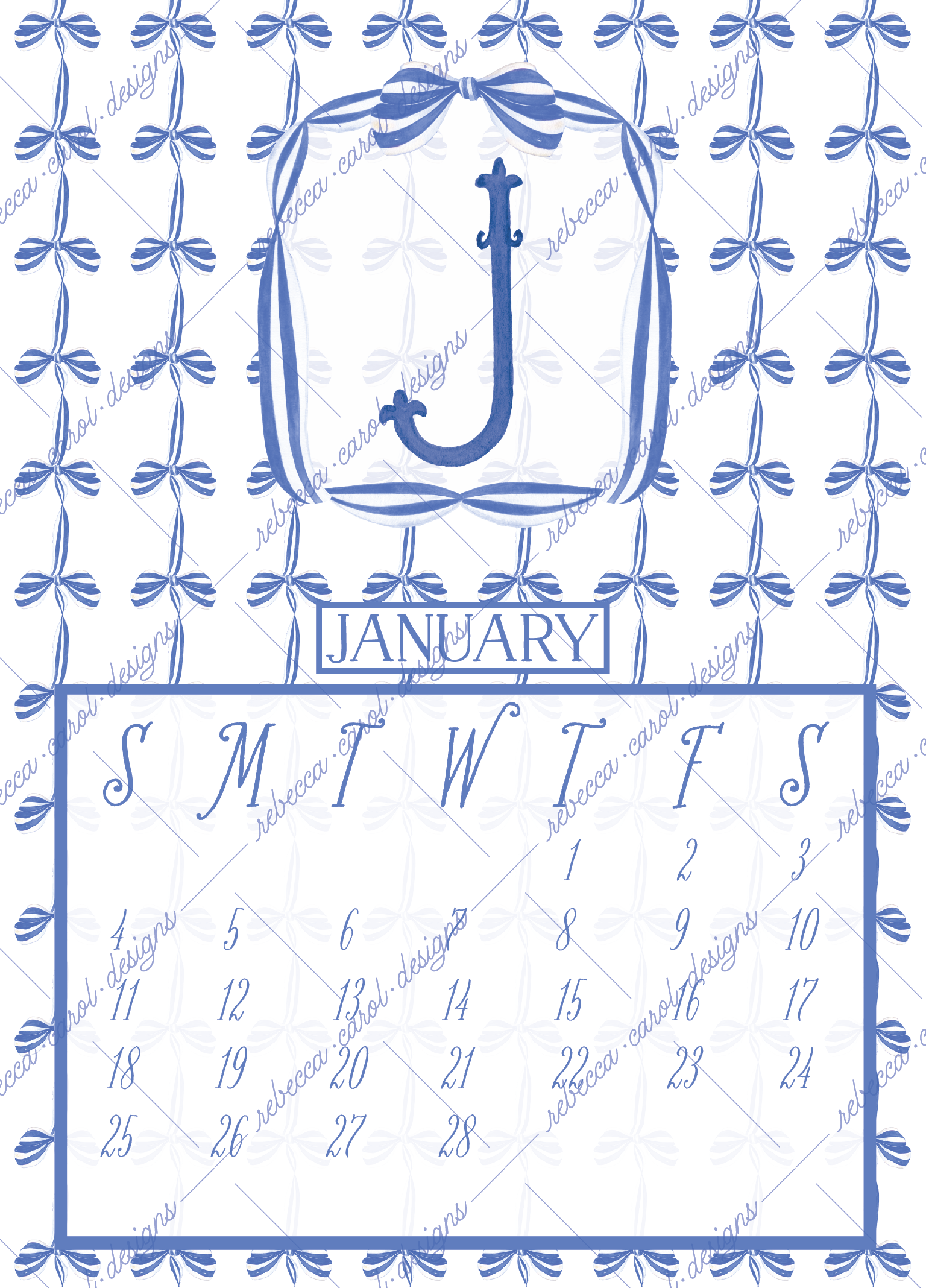 2026 Calendar-Blue & White Bows