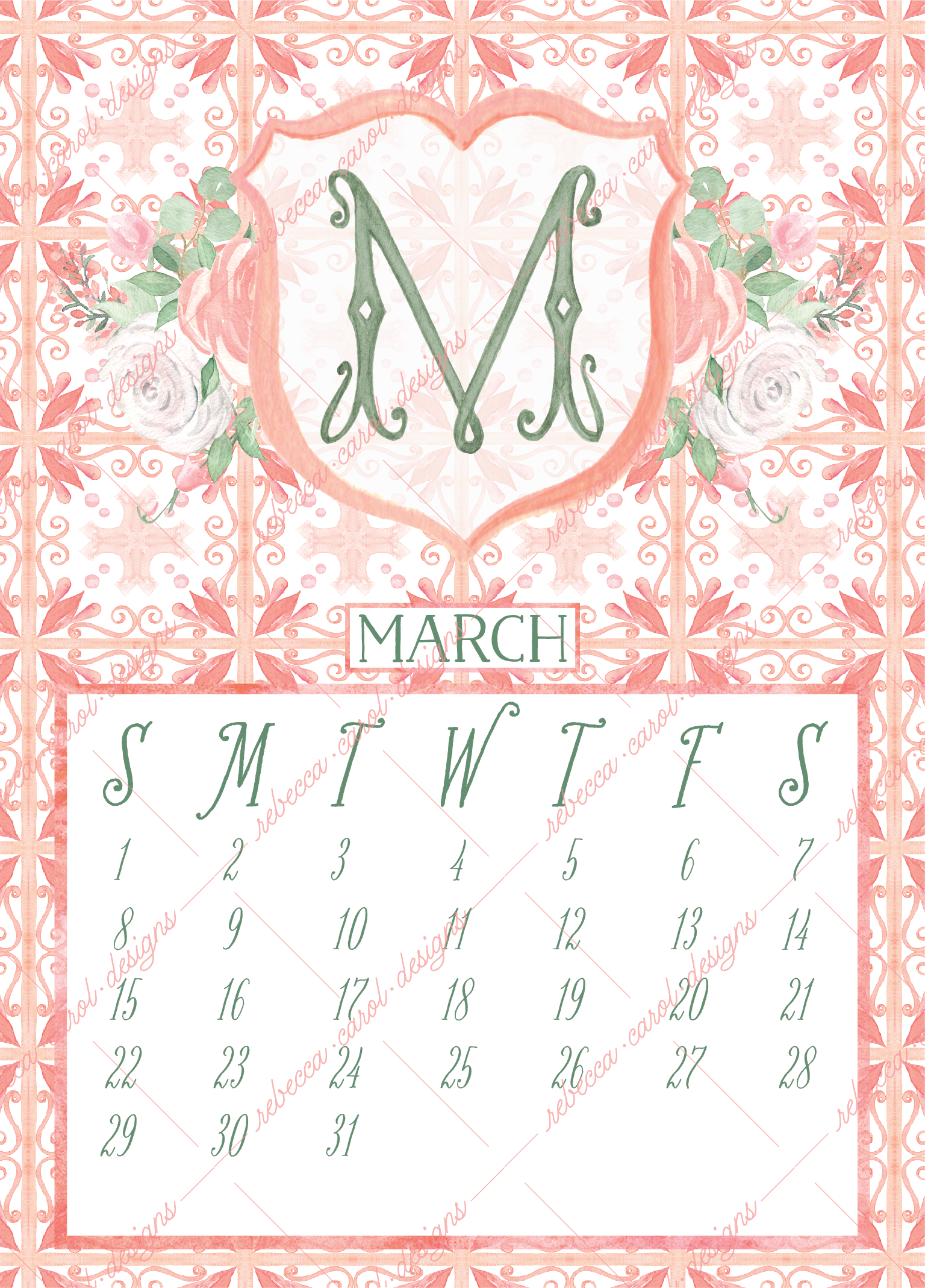 2026 Calendar-Blush Pink Tiles & Florals