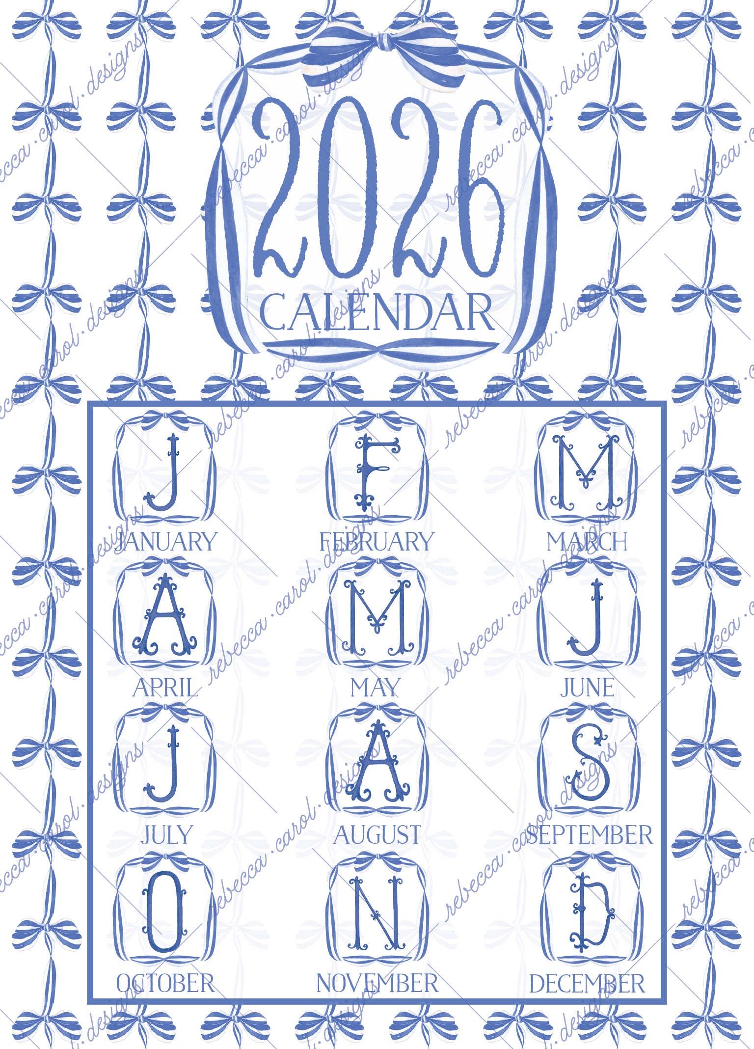 2026 Calendar-Blue & White Bows