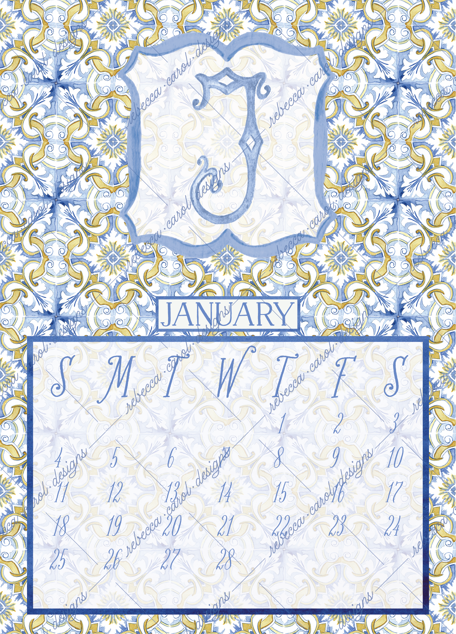 2026 Calendar-Blue Italian Tiles