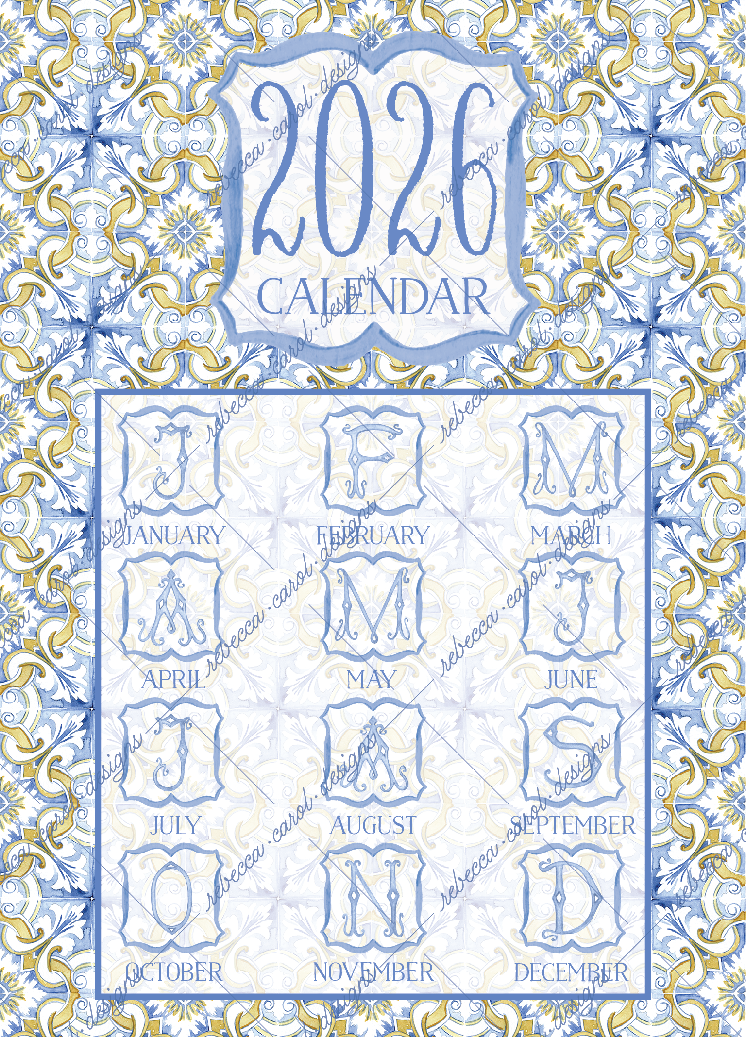 2026 Calendar-Blue Italian Tiles