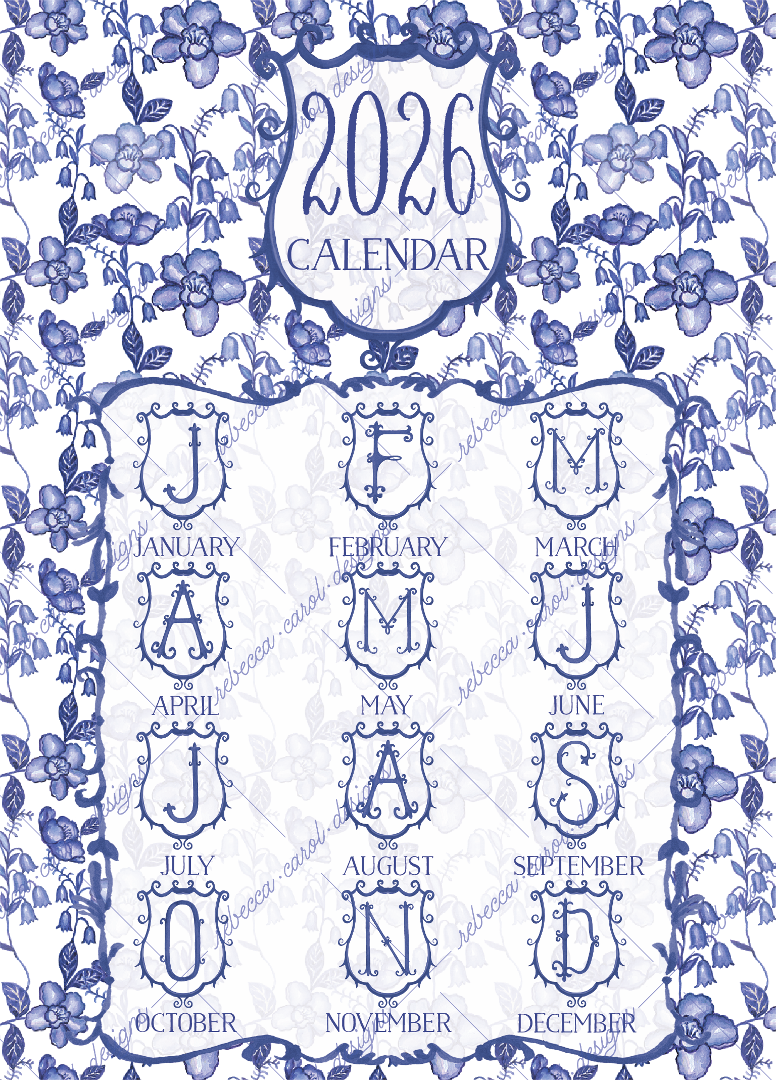 2026 Calendar-Blue & White Floral Chinoiserie