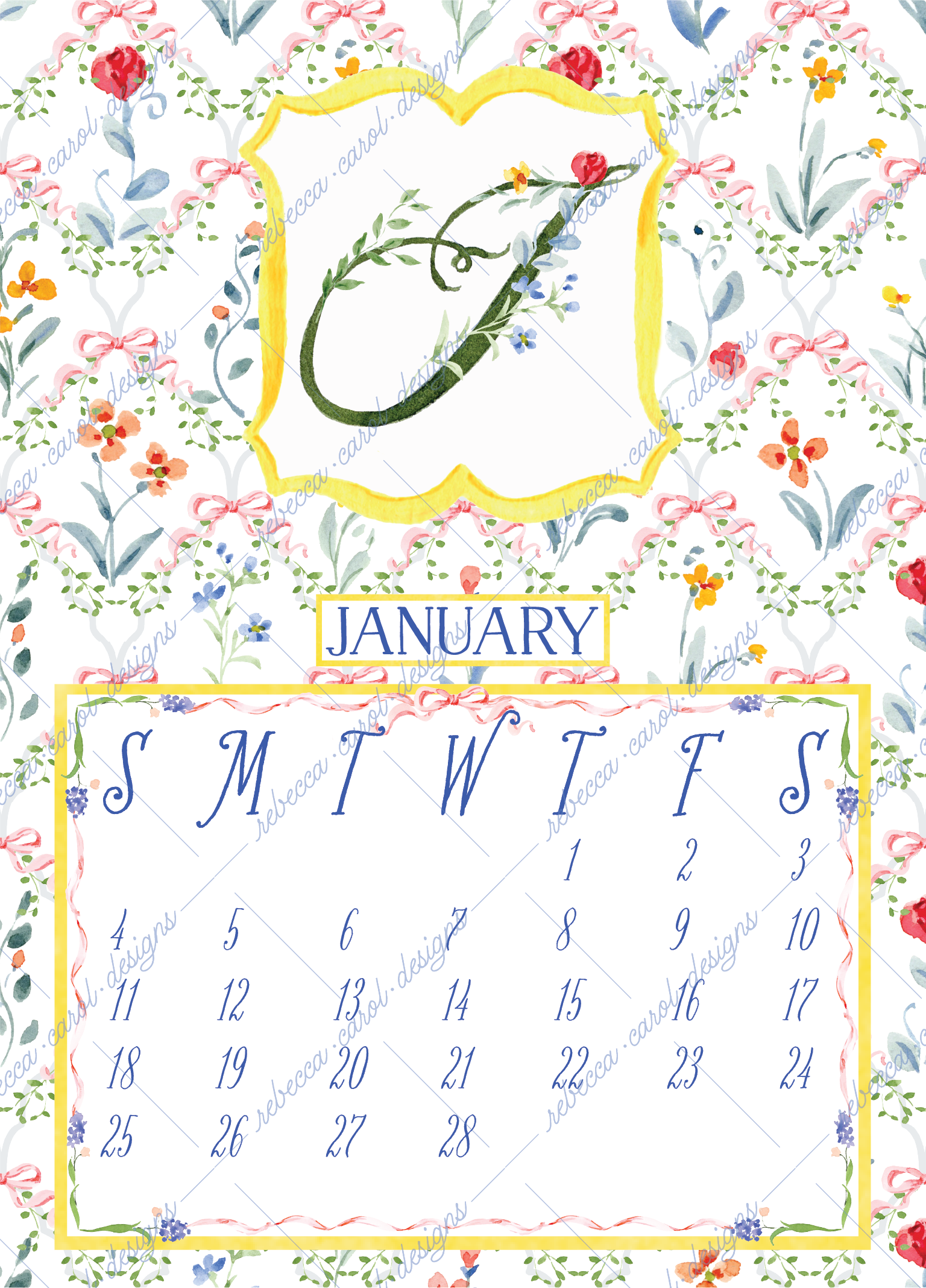2026 Calendar-Floral Patterns & Bows