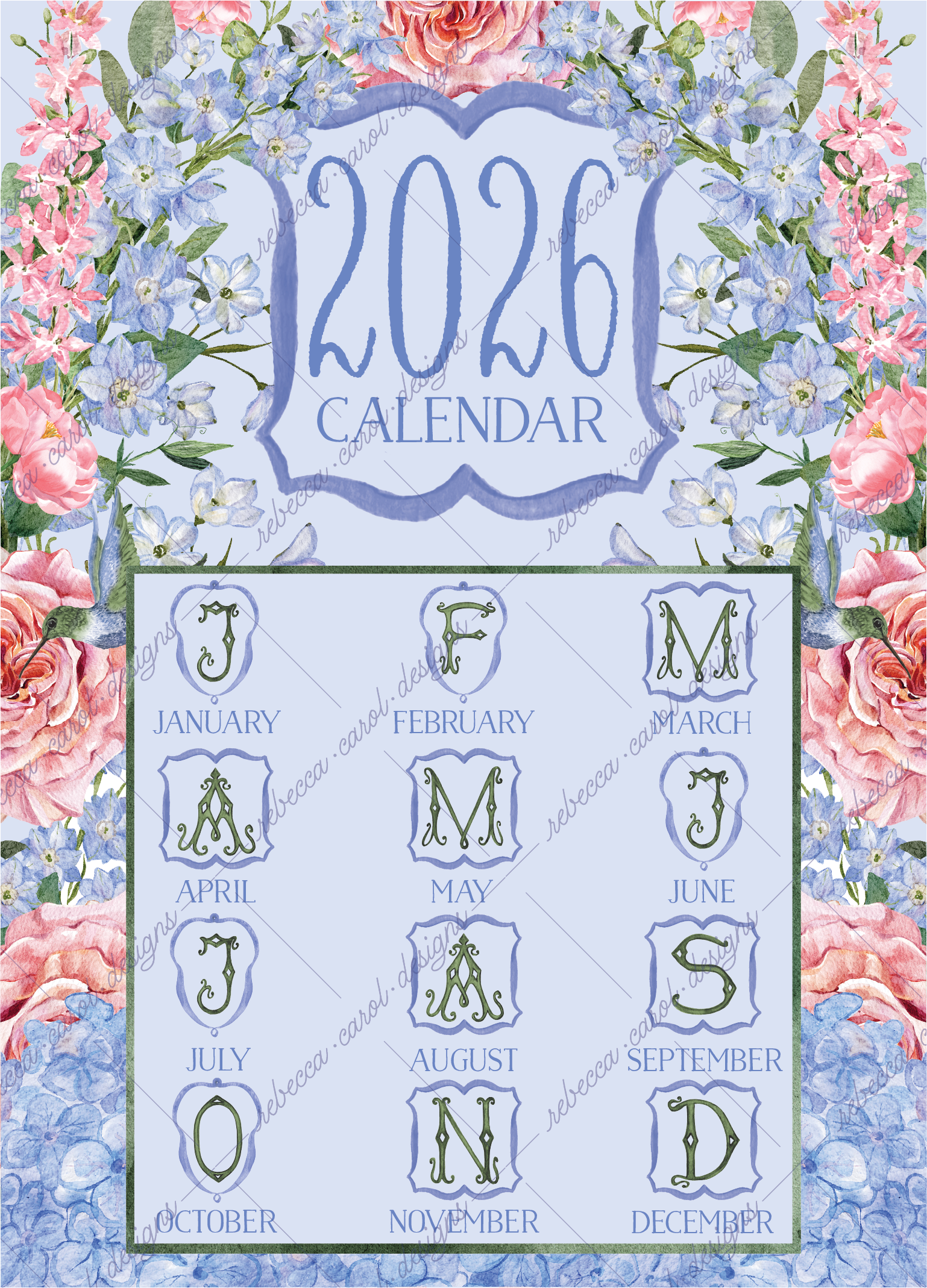 2026 Calendar-Florals & Hummingbirds