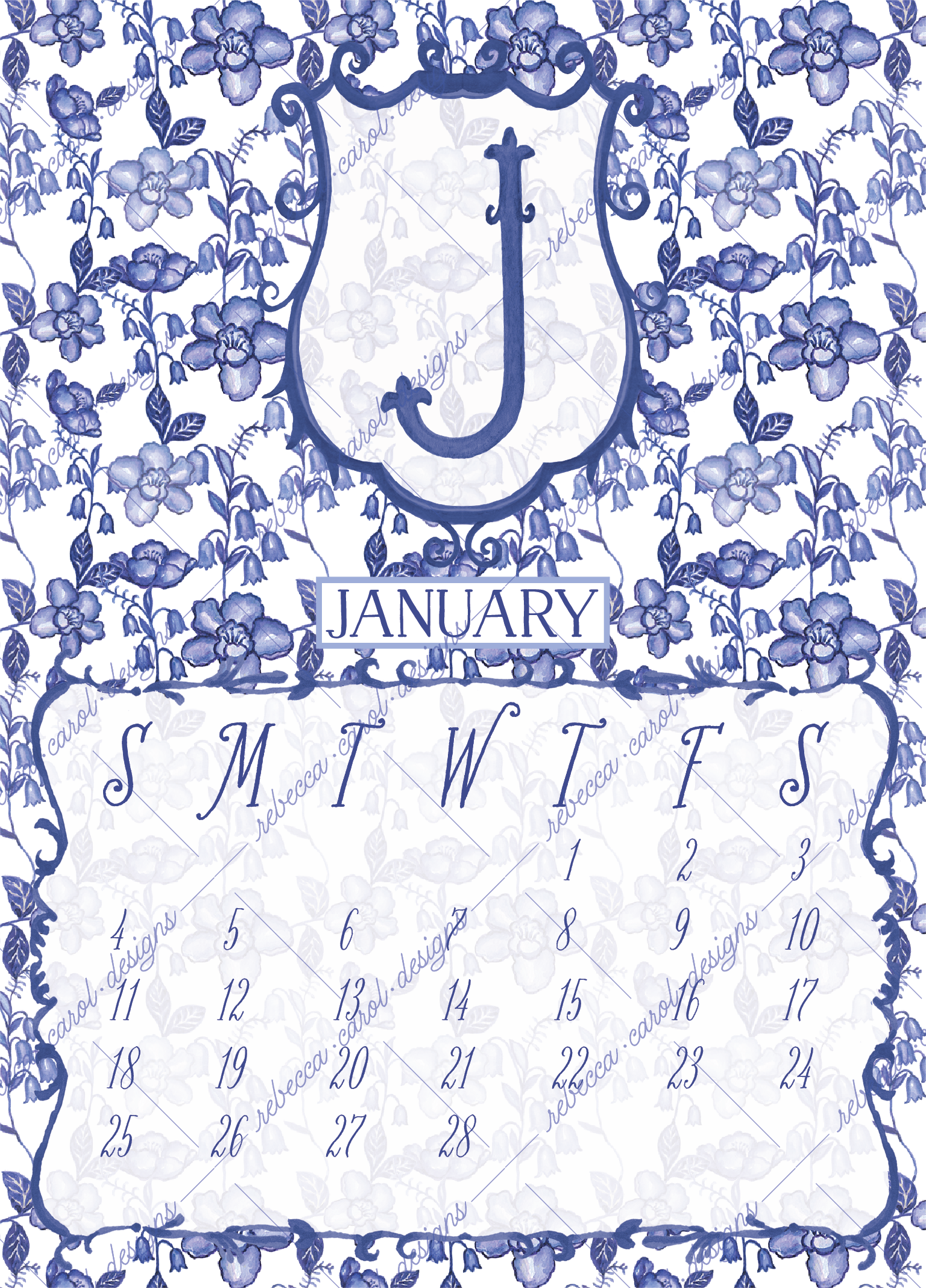 2026 Calendar-Blue & White Floral Chinoiserie