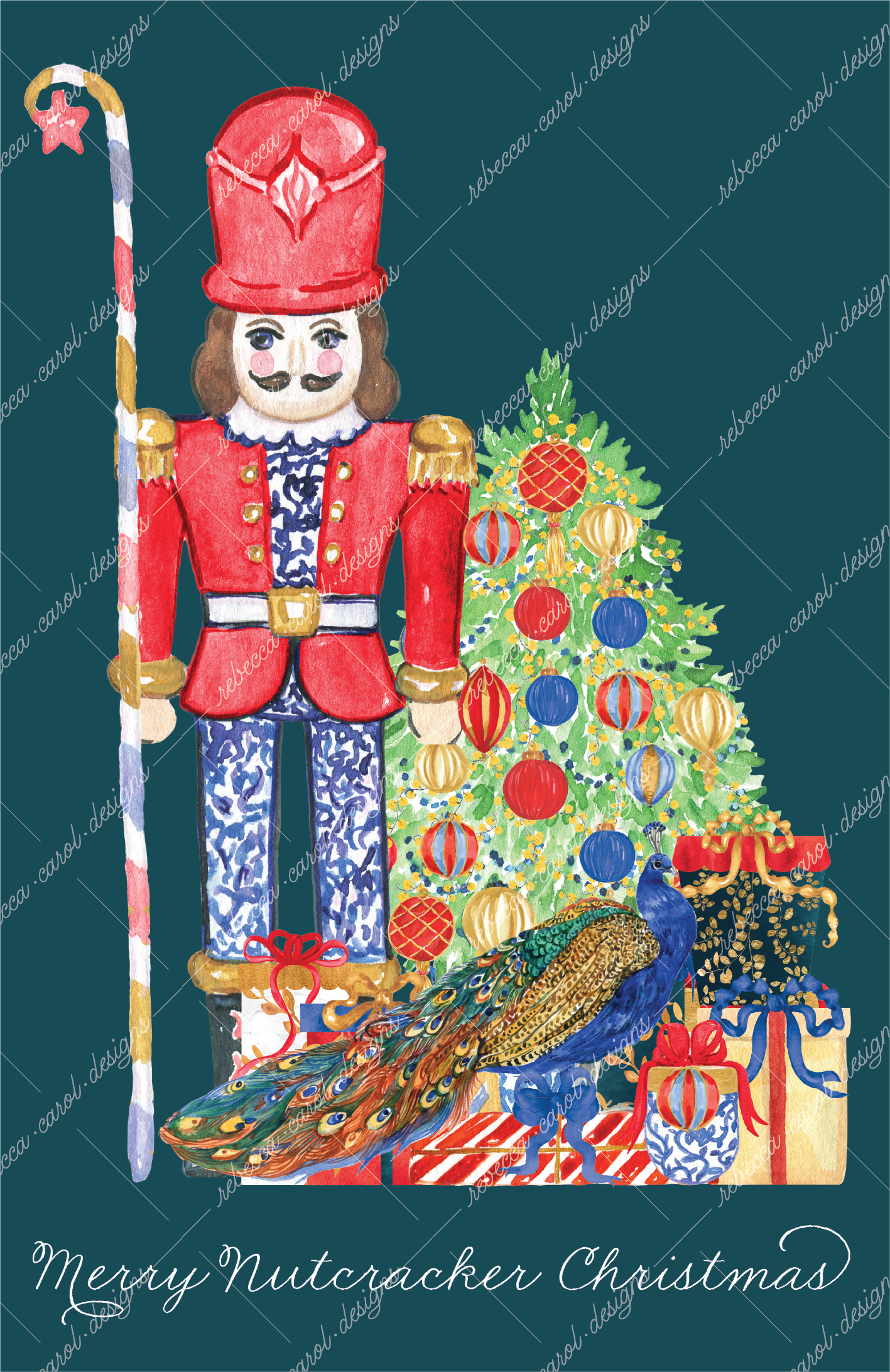 Holiday Card-The Nutcracker Red & Blue Chinoiserie-1