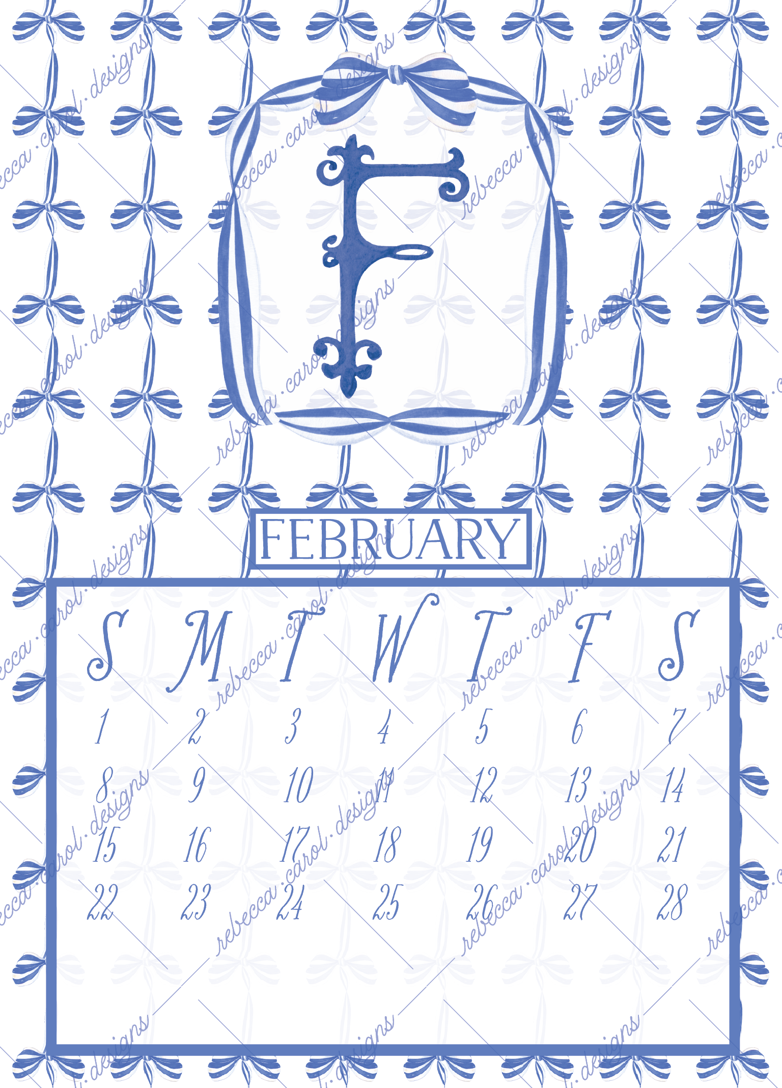 2026 Calendar-Blue & White Bows