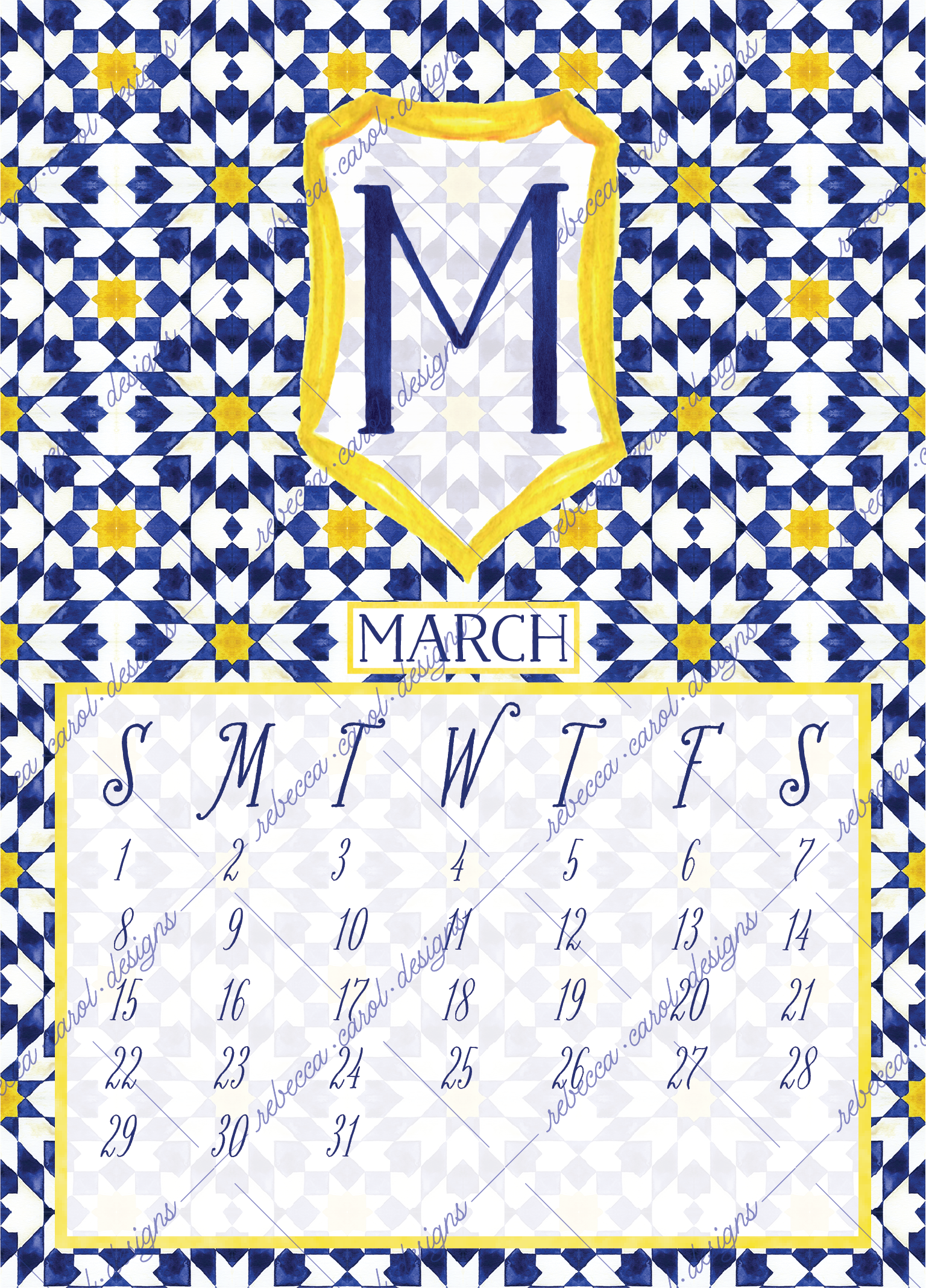 2026 Calendar-Blue & Yellow Moroccan Tiles