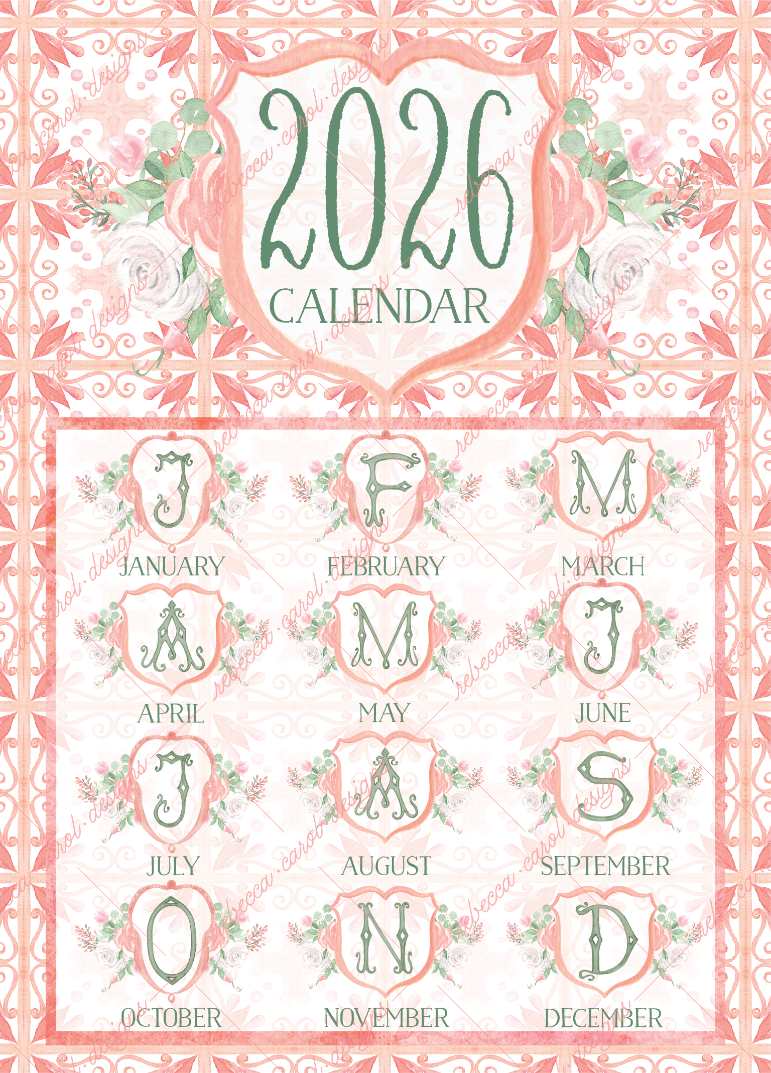 2026 Calendar-Blush Pink Tiles & Florals
