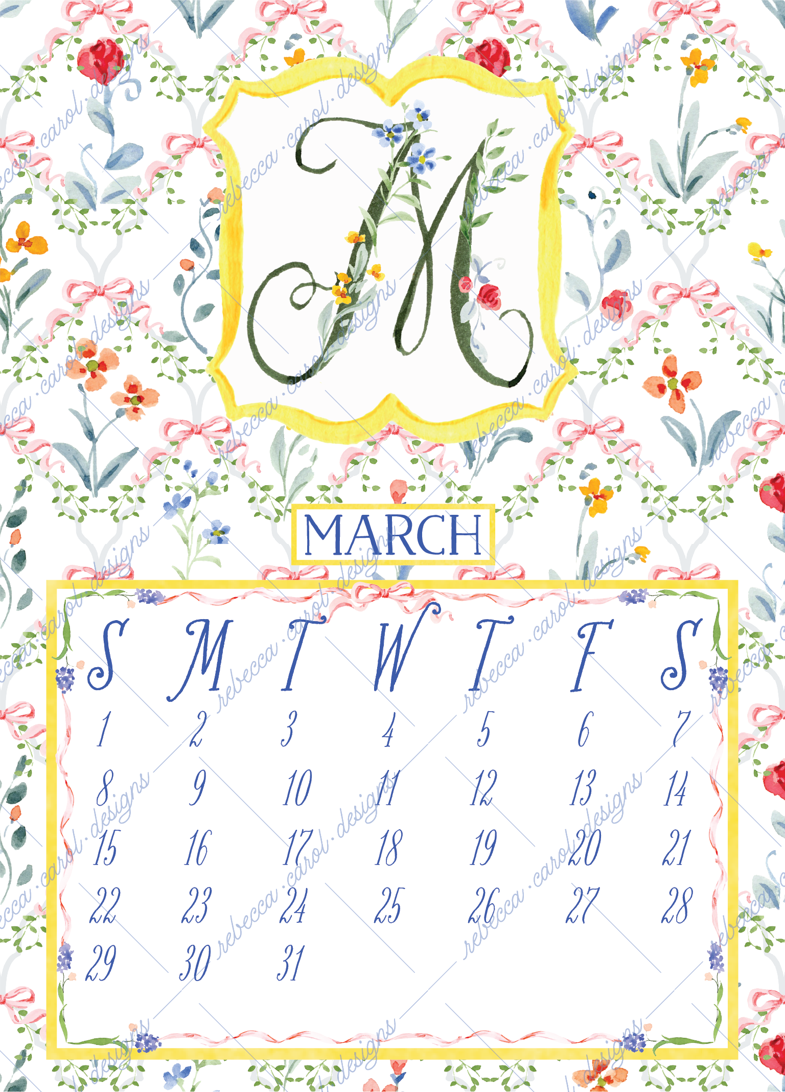 2026 Calendar-Floral Patterns & Bows