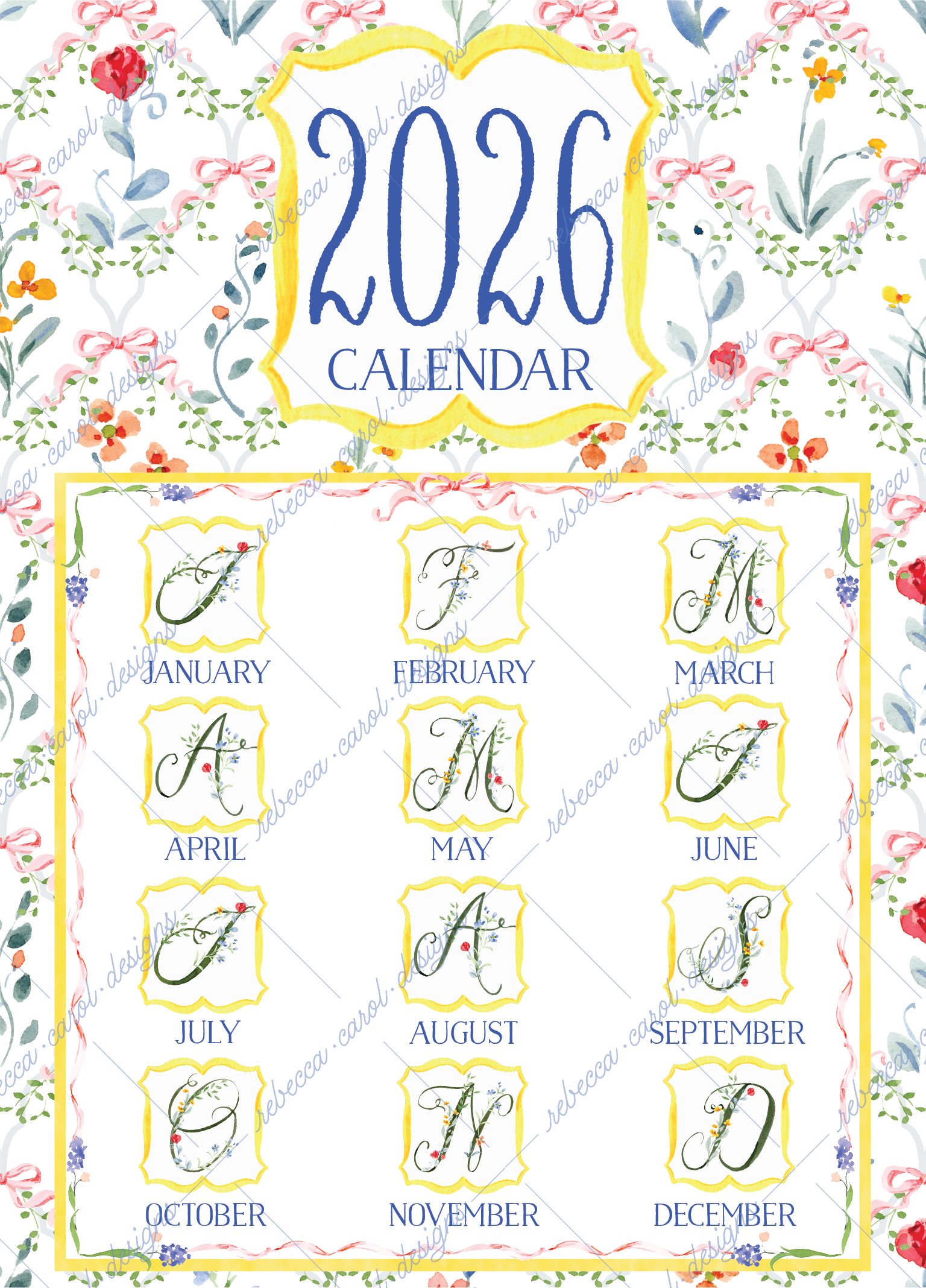 2026 Calendar-Floral Patterns & Bows