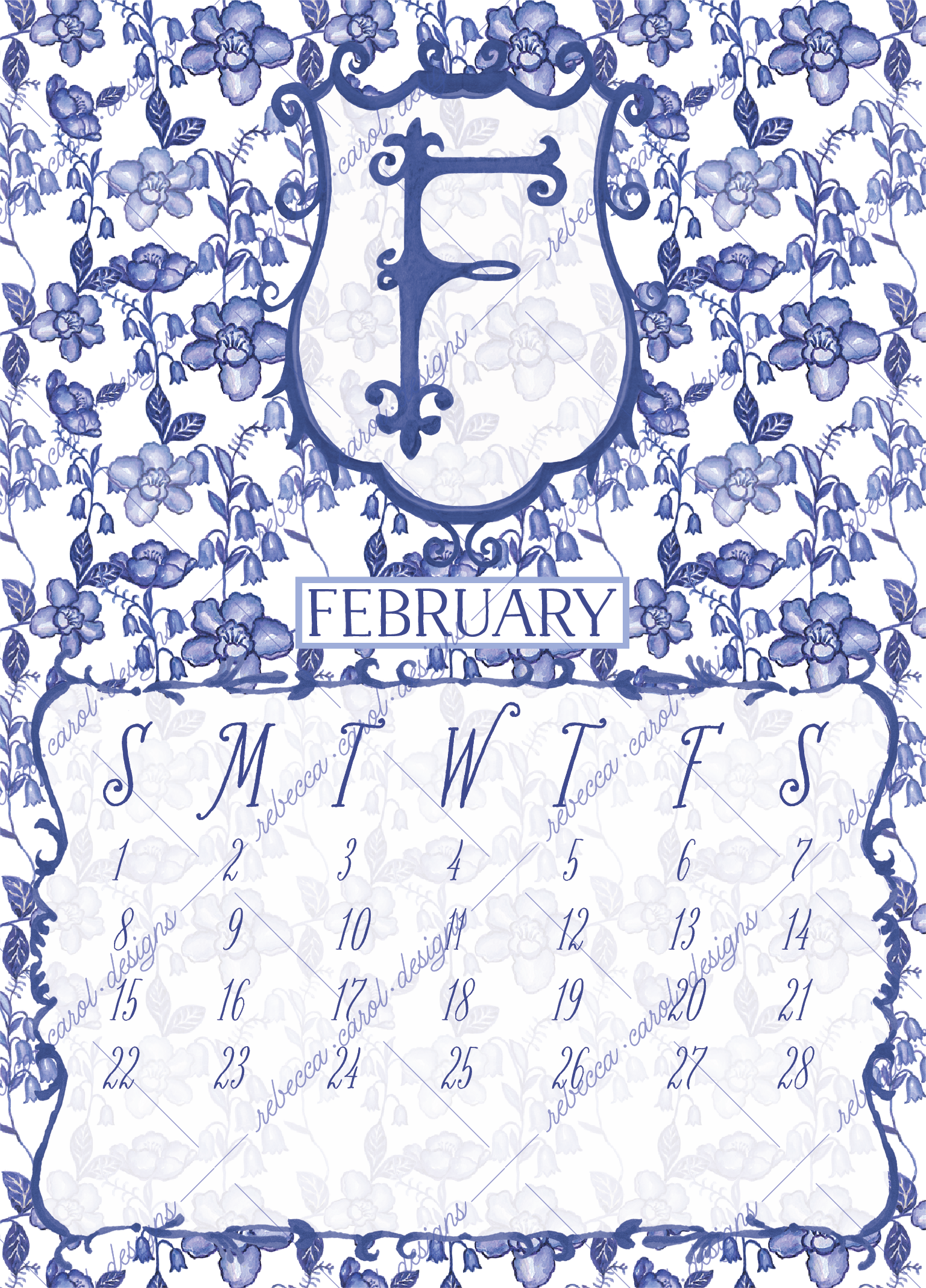 2026 Calendar-Blue & White Floral Chinoiserie
