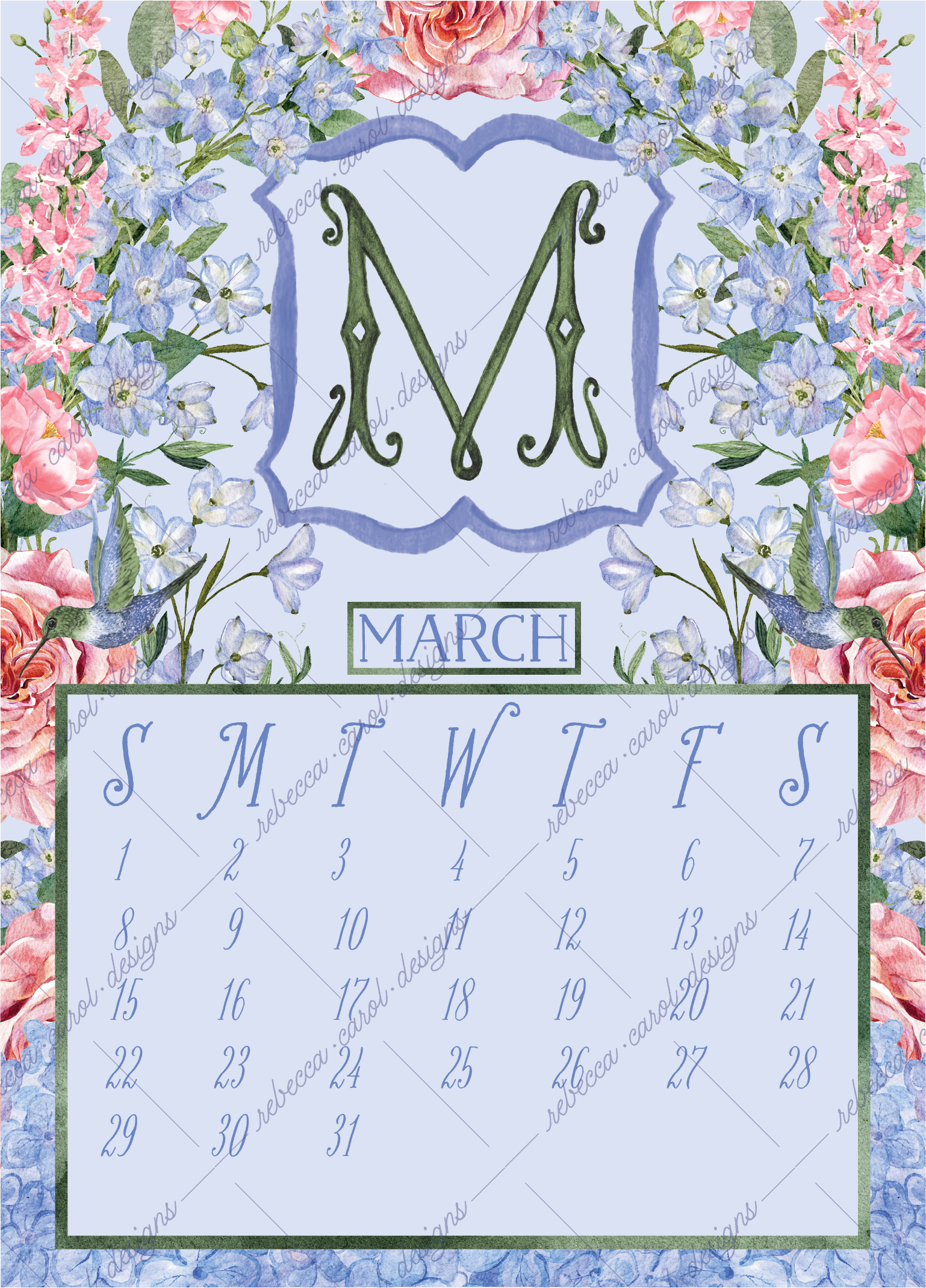 2026 Calendar-Florals & Hummingbirds