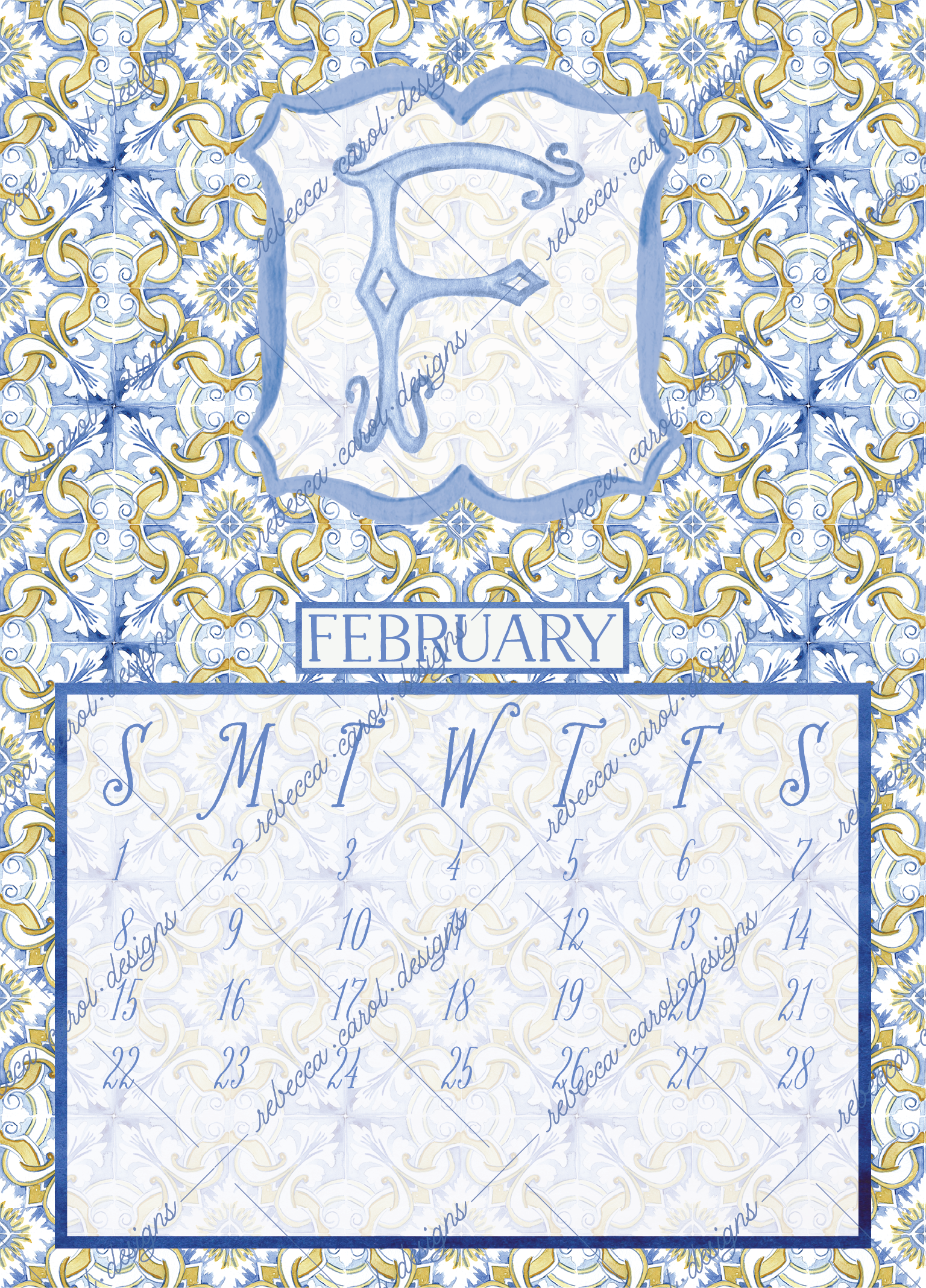 2026 Calendar-Blue Italian Tiles