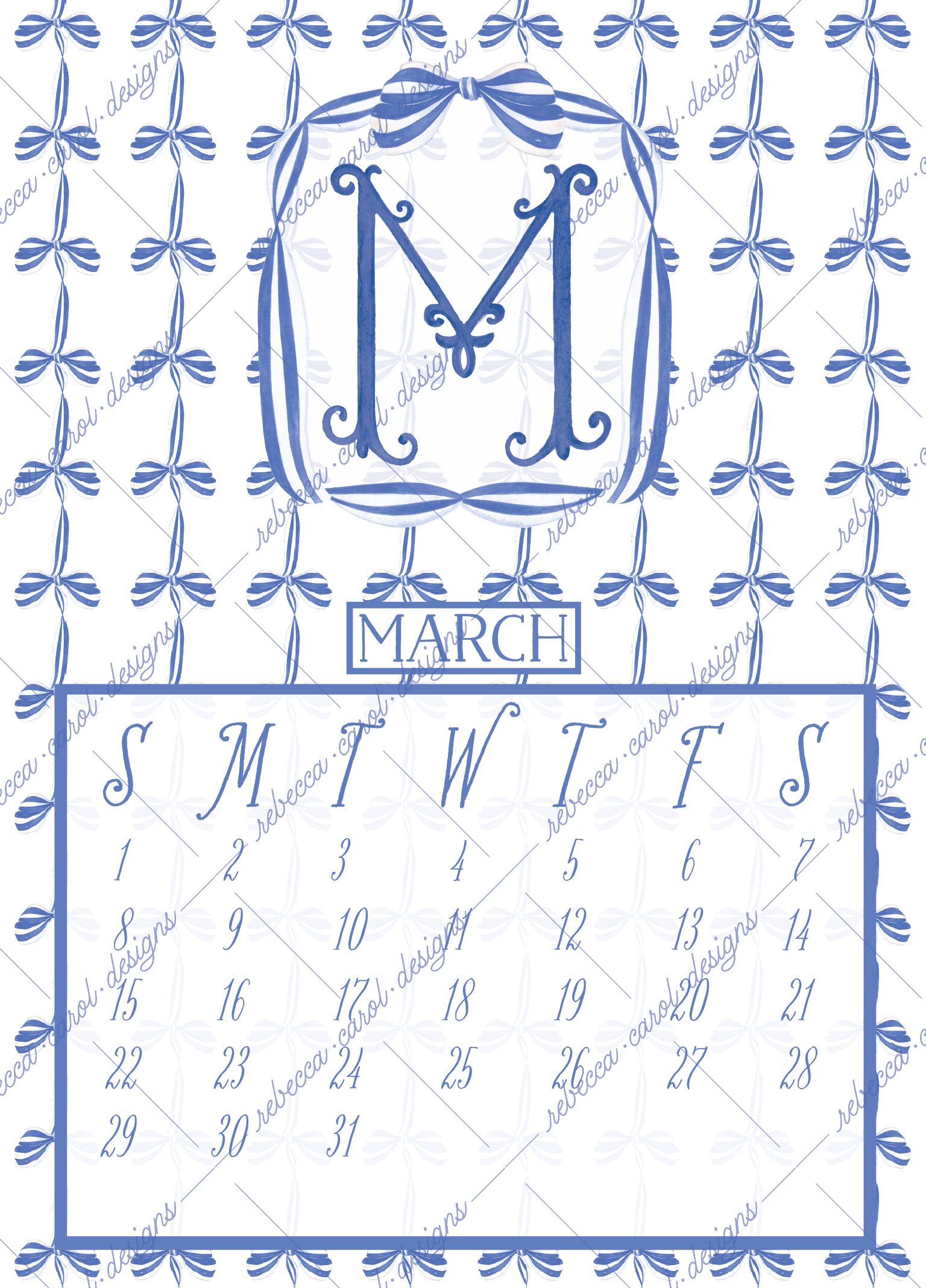 2026 Calendar-Blue & White Bows