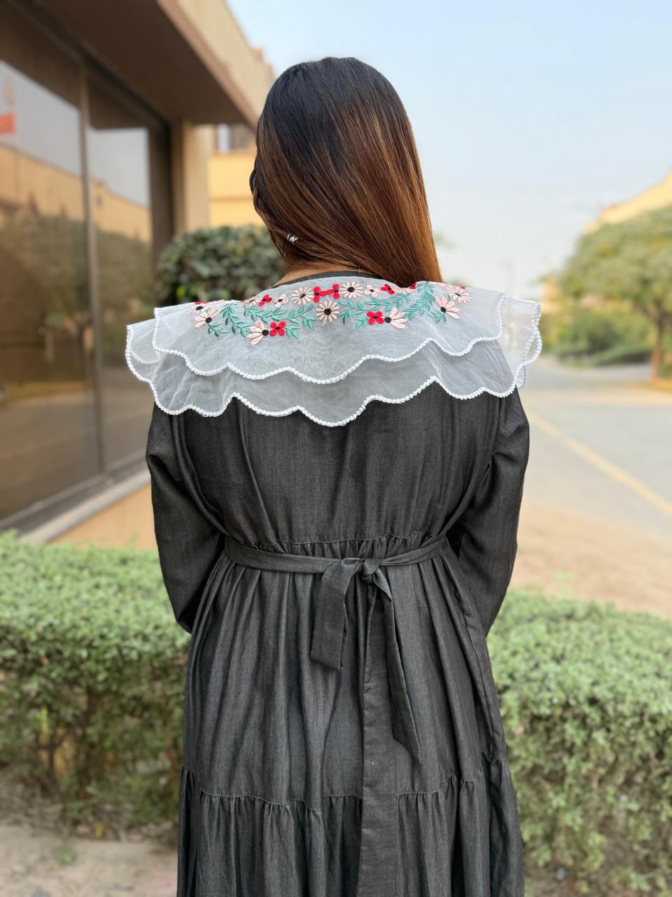 Moonlight Flora – Black Imported Denim Frock ✨