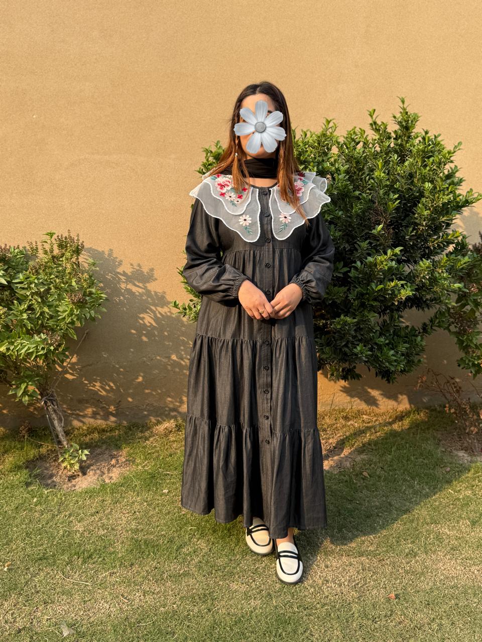 Moonlight Flora – Black Imported Denim Frock ✨