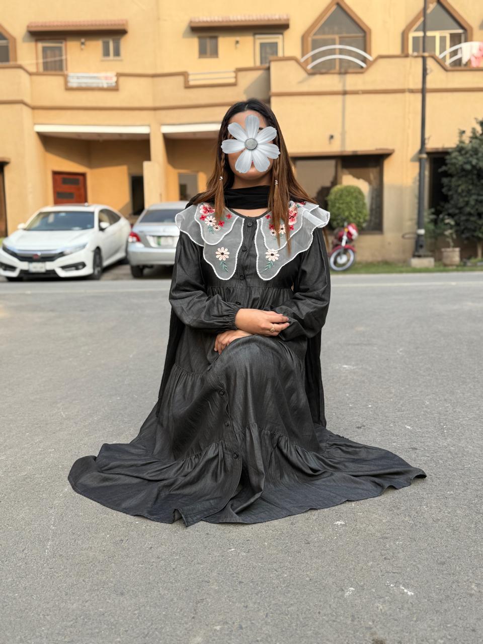 Moonlight Flora – Black Imported Denim Frock ✨