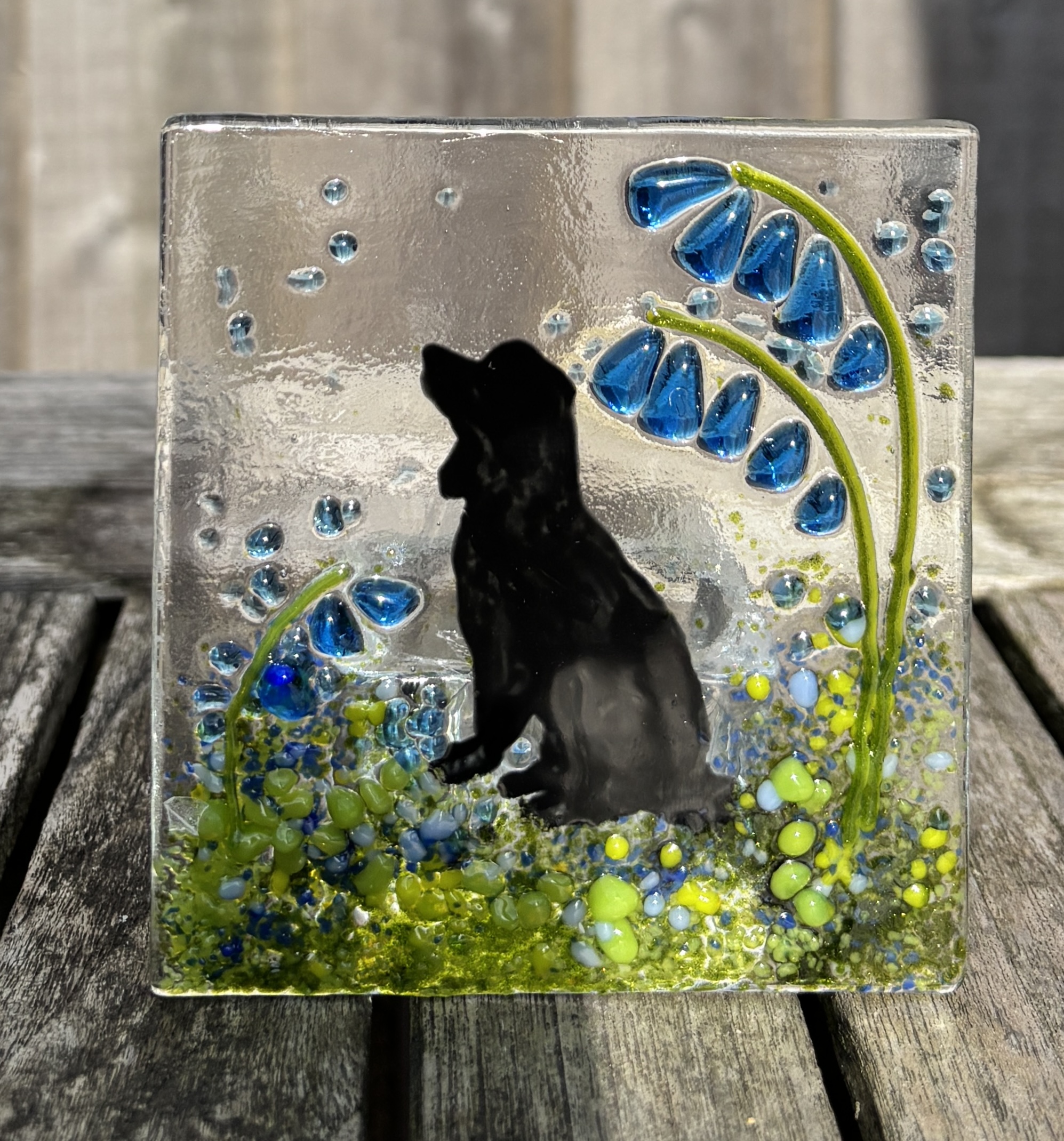 Black dog silhouette and bluebells tea light holder