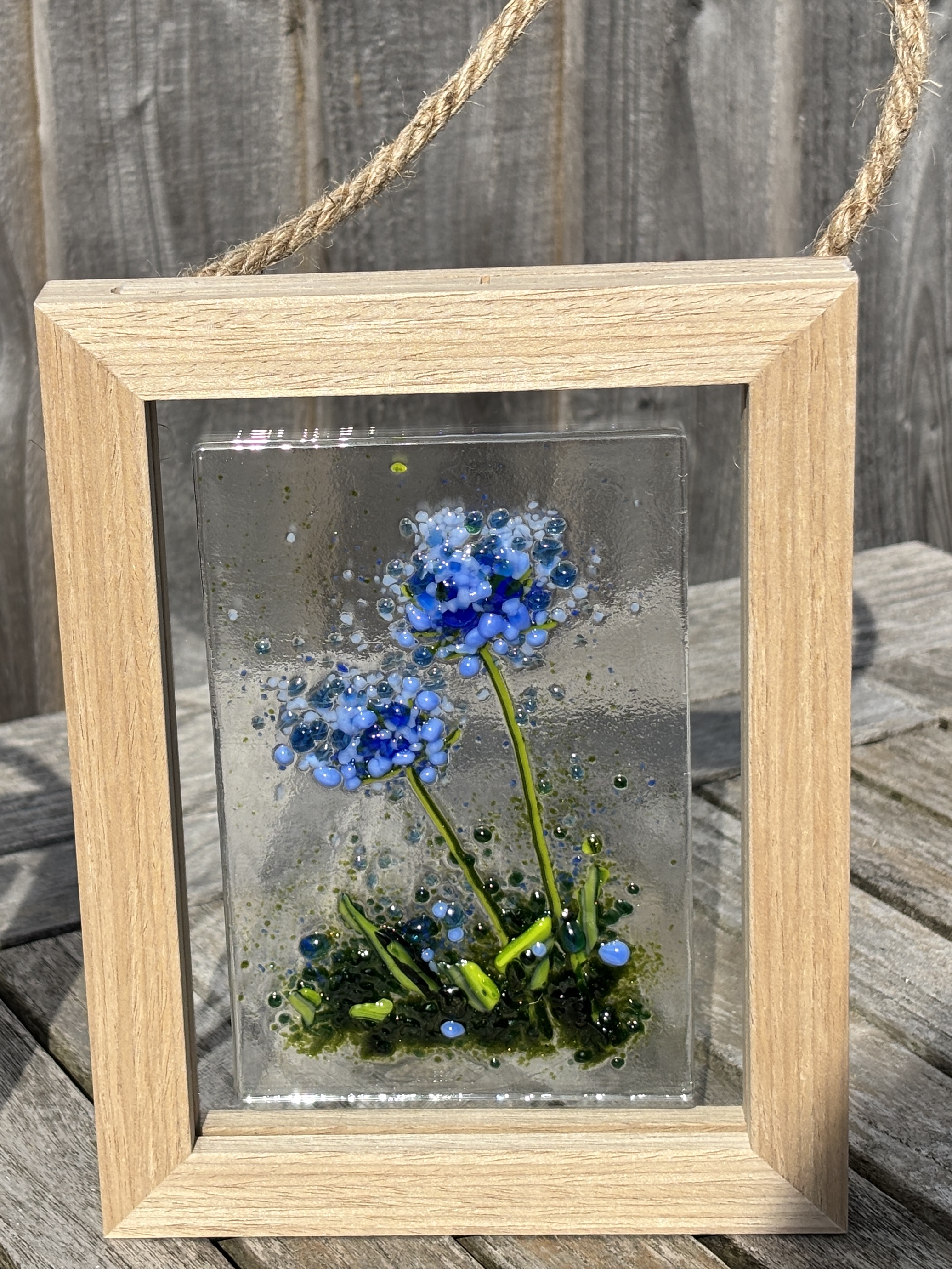 Hanging Fused Glass Blue Flower frame