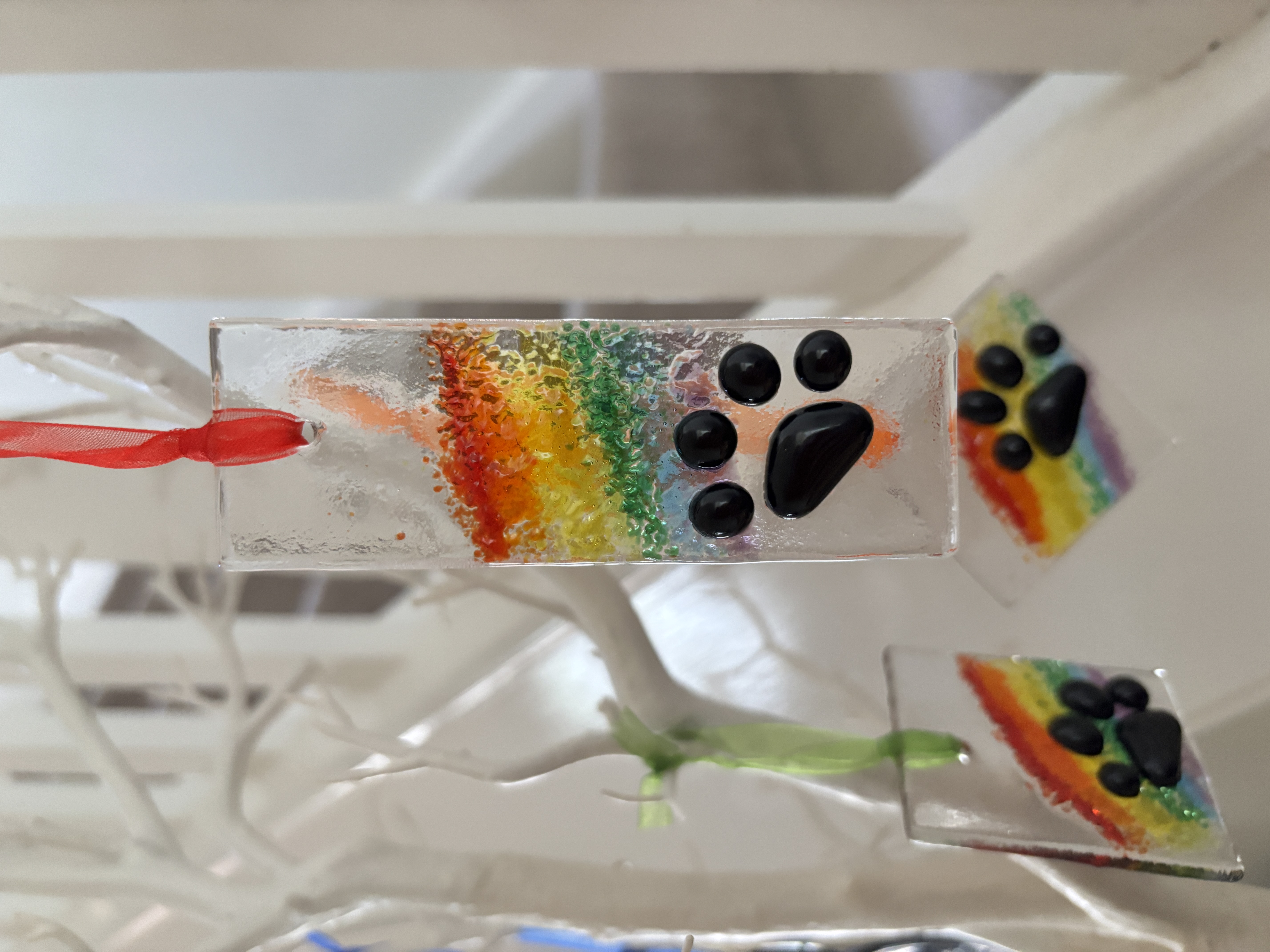 Rainbow Paw Print Glass Ornament