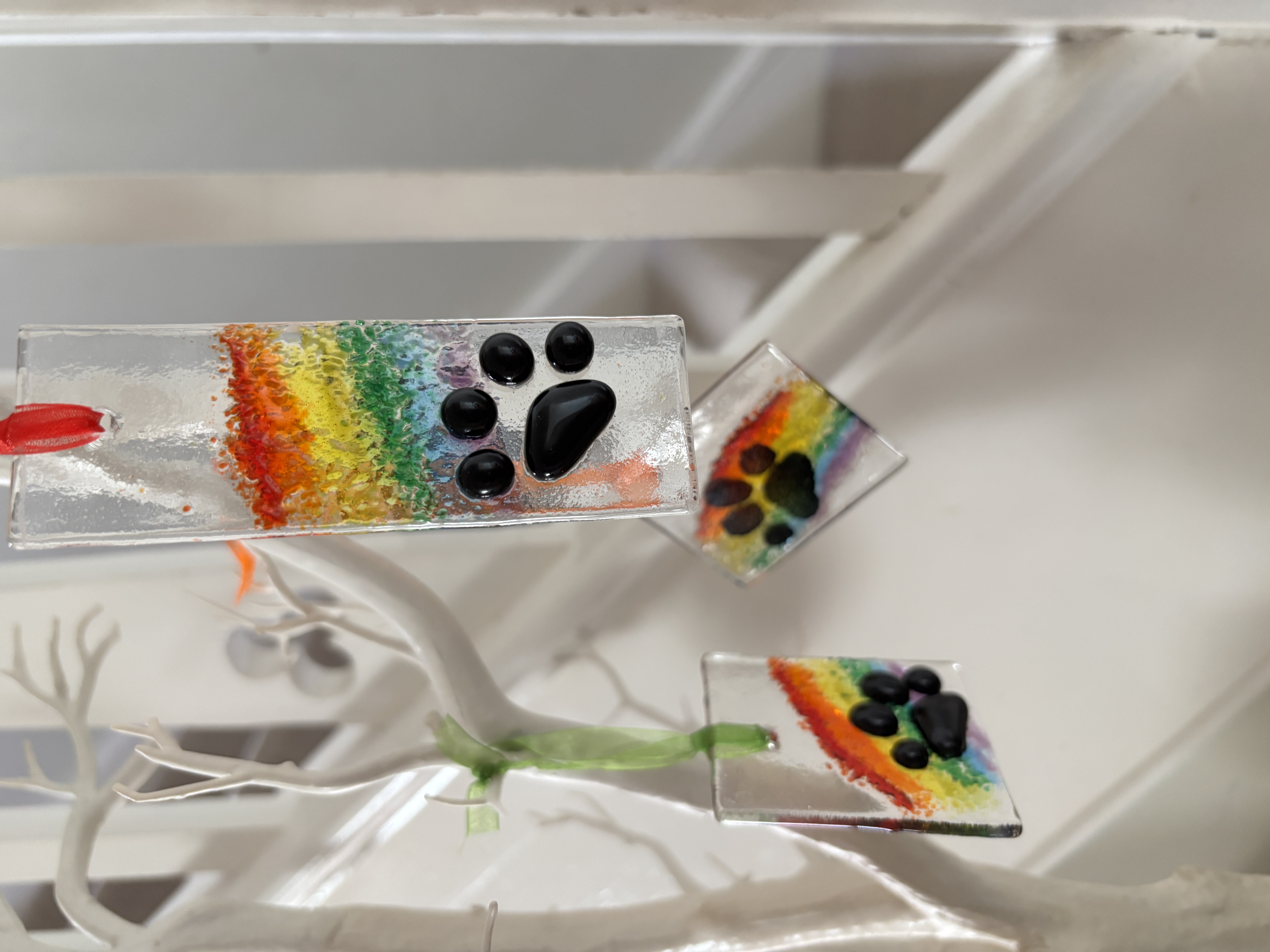 Rainbow Paw Print Glass Ornament