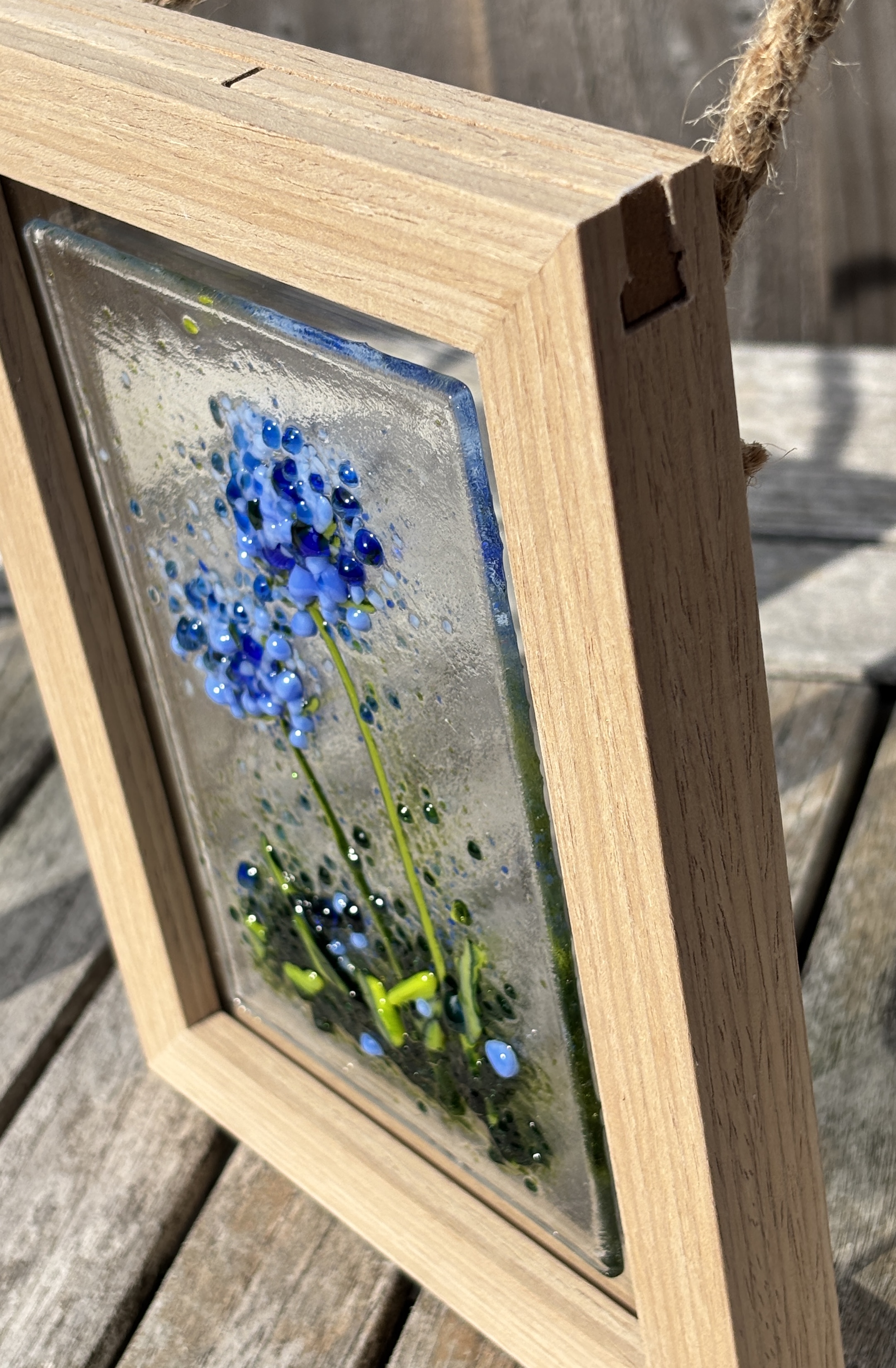 Hanging Fused Glass Blue Flower frame