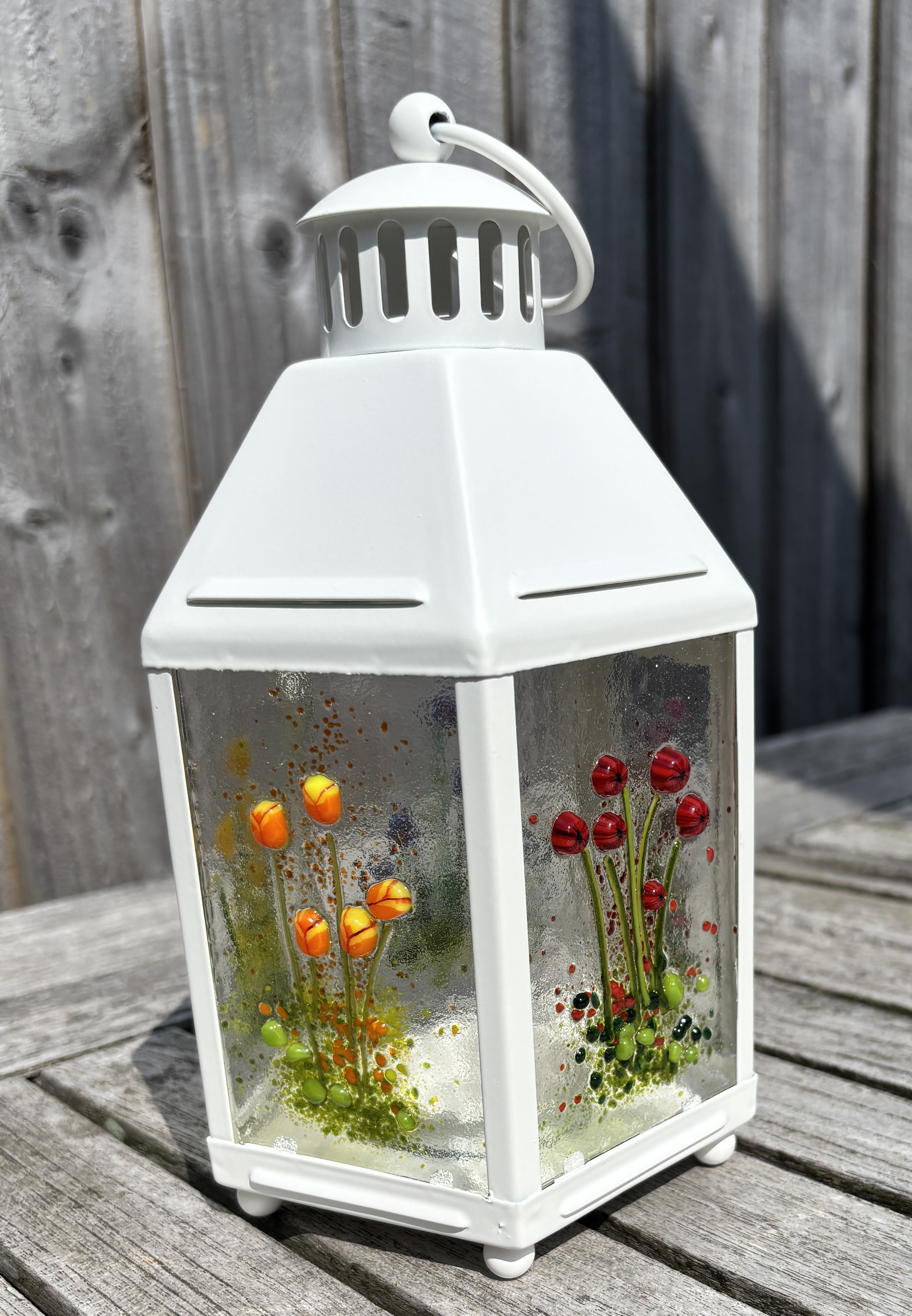 Decorative White Lantern with 5 Glass Flower Panels