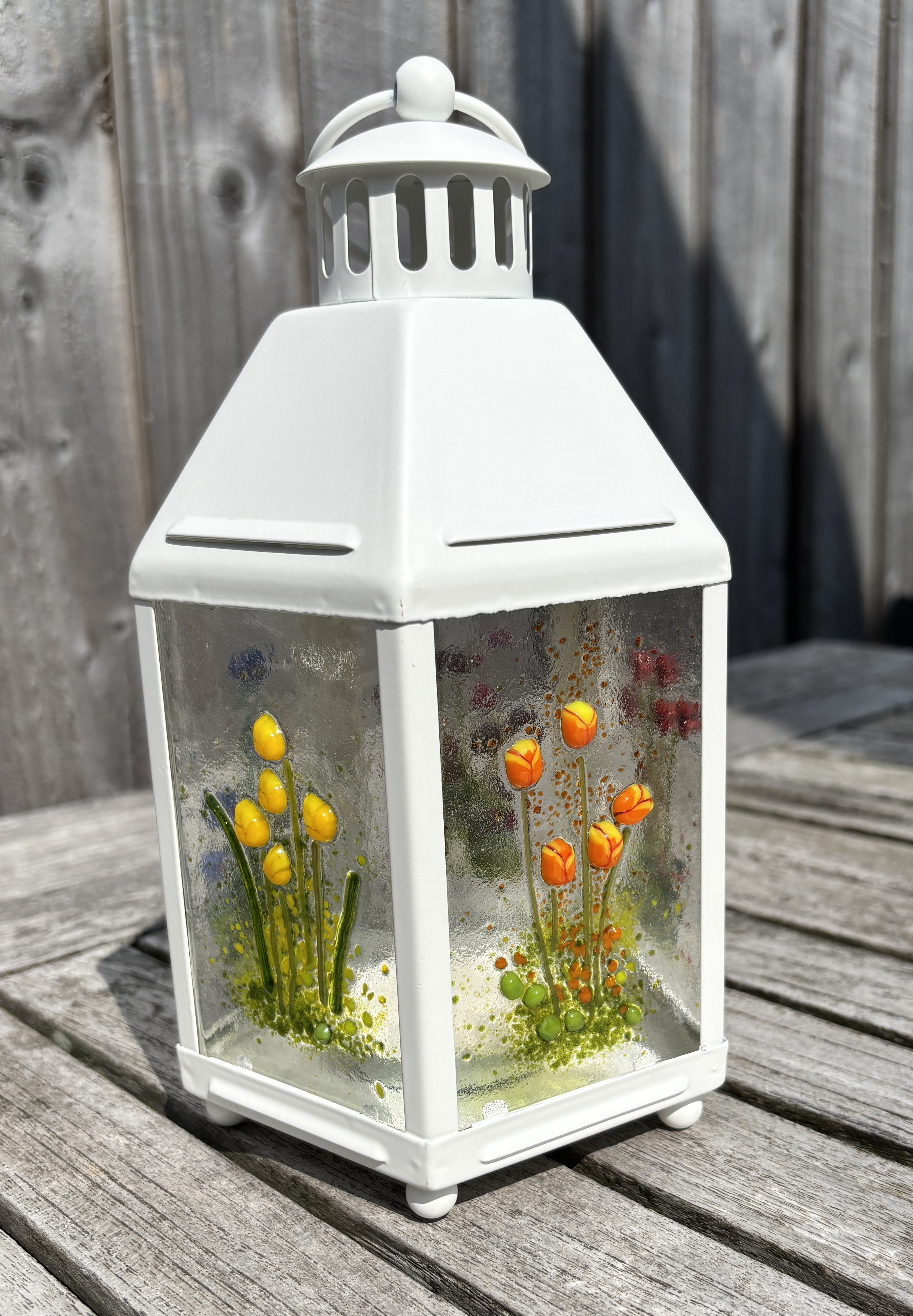 Decorative White Lantern with 5 Glass Flower Panels