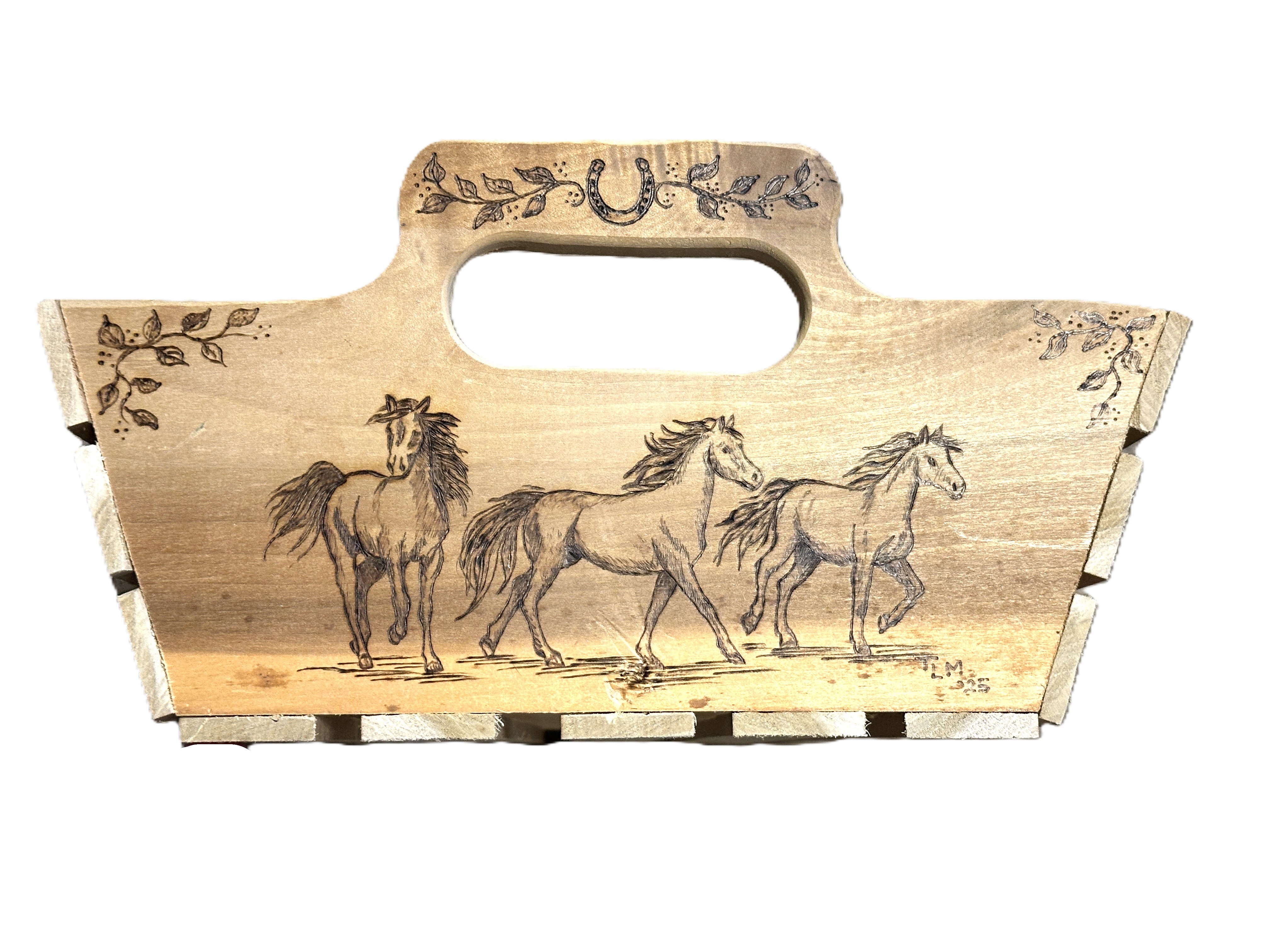 Running horses pyrography art on Wooden Tray / Basket