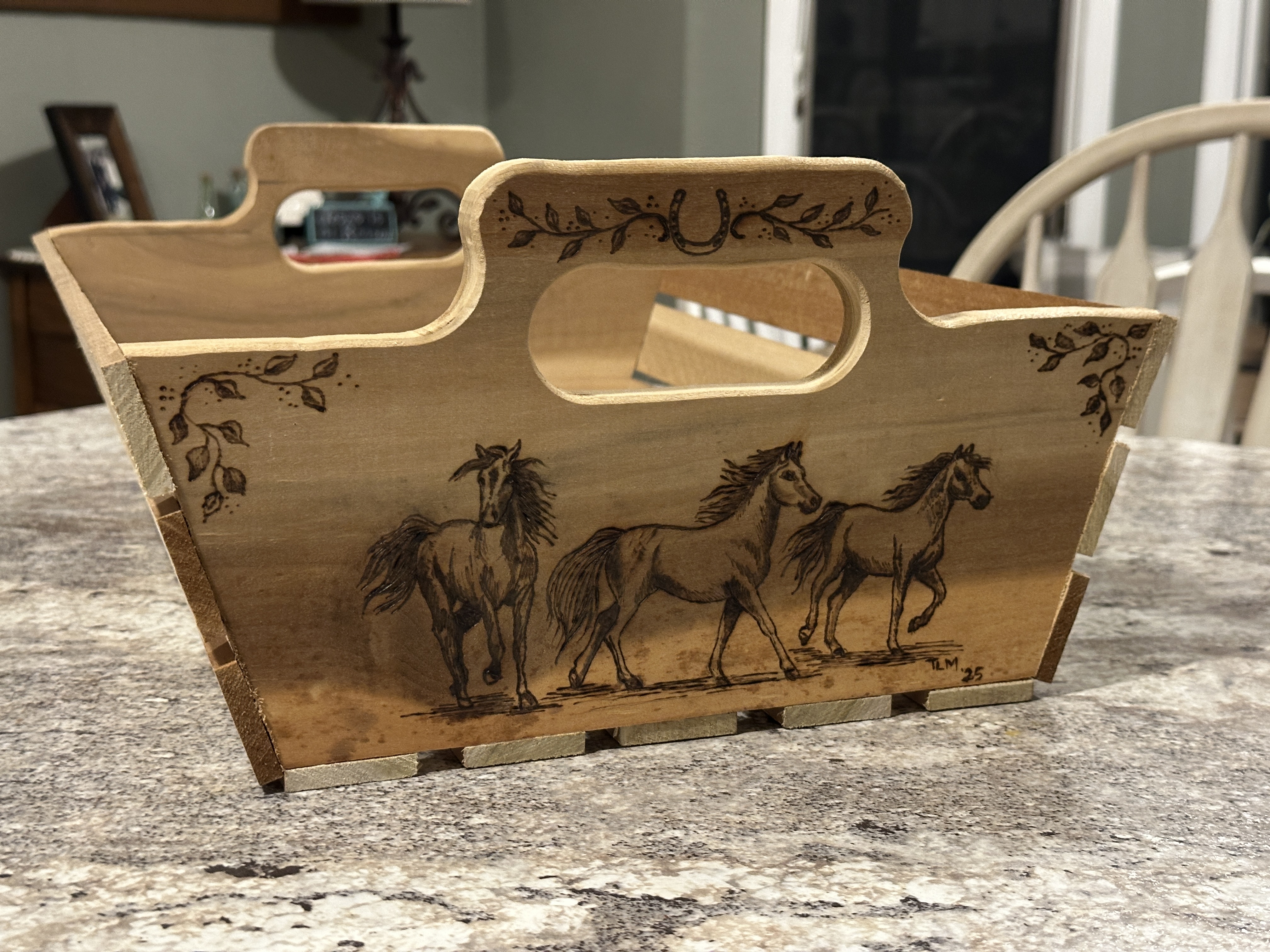 Running horses pyrography art on Wooden Tray / Basket