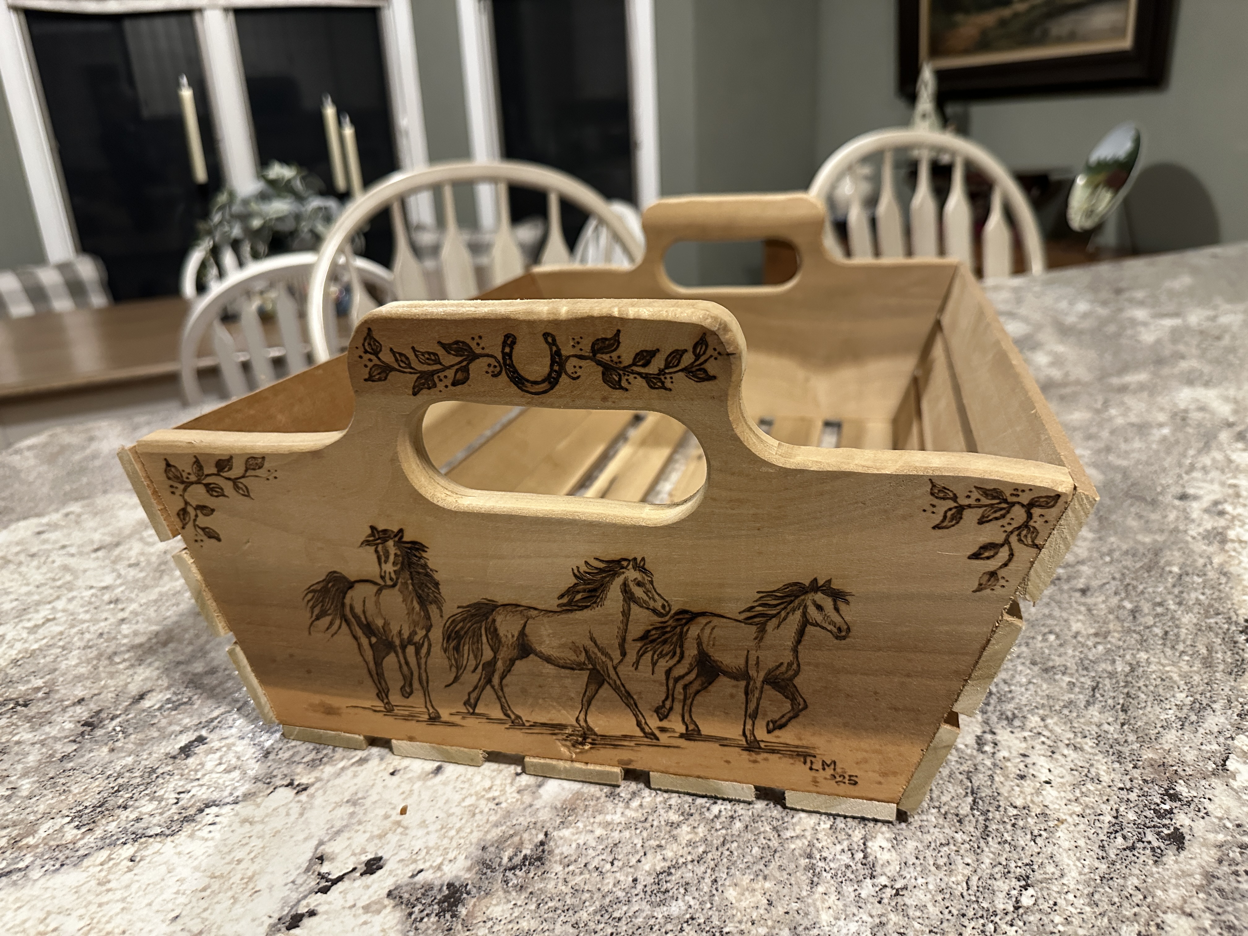 Running horses pyrography art on Wooden Tray / Basket