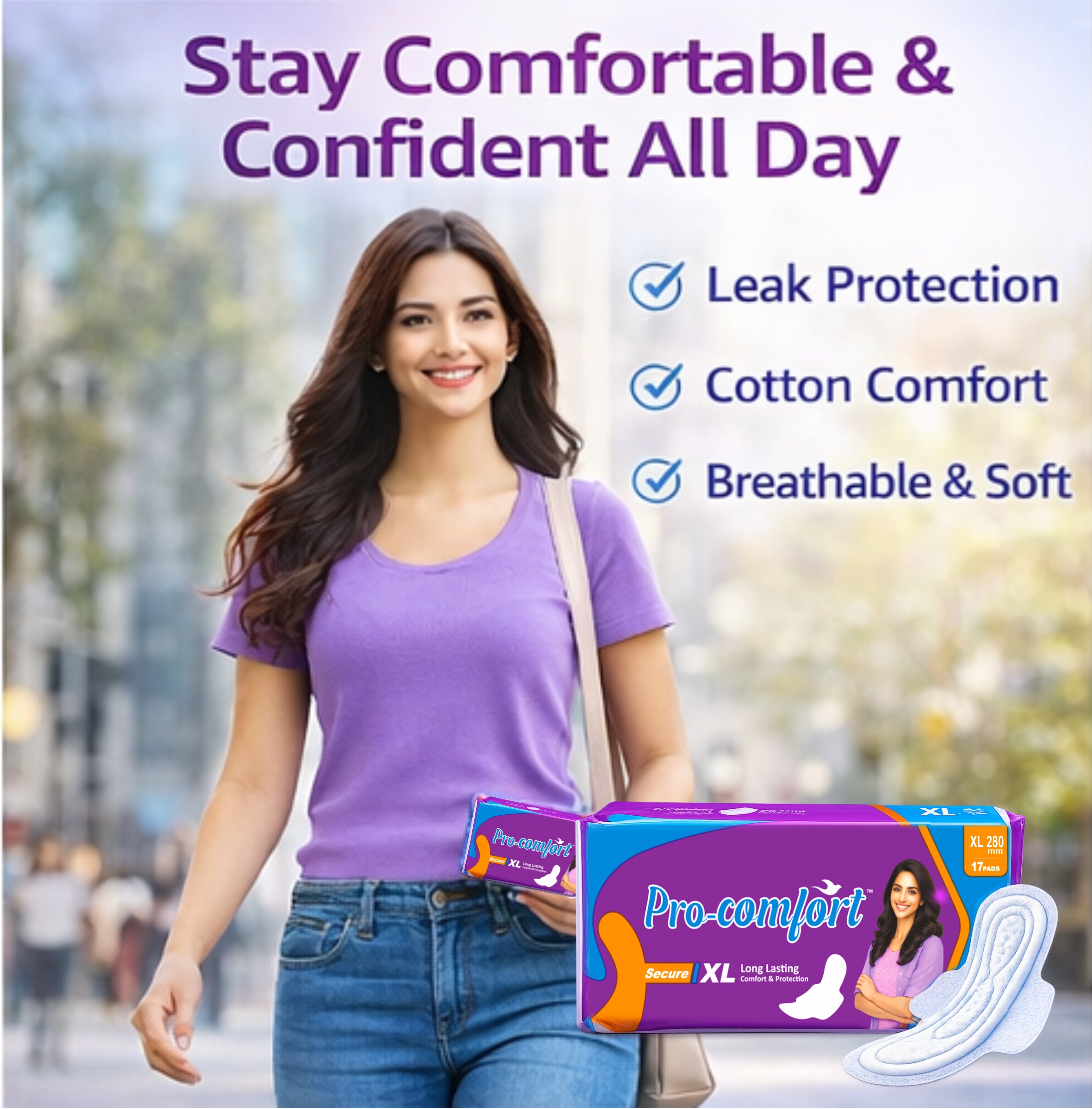 Pro-comfort Secure XL Sanitary Pads 280mm – Long Lasting Cotton Soft Pads with Secure Absorbent Core | 3X Comfort Protection | Leak Guard | Disposable Menstrual Pads for Women