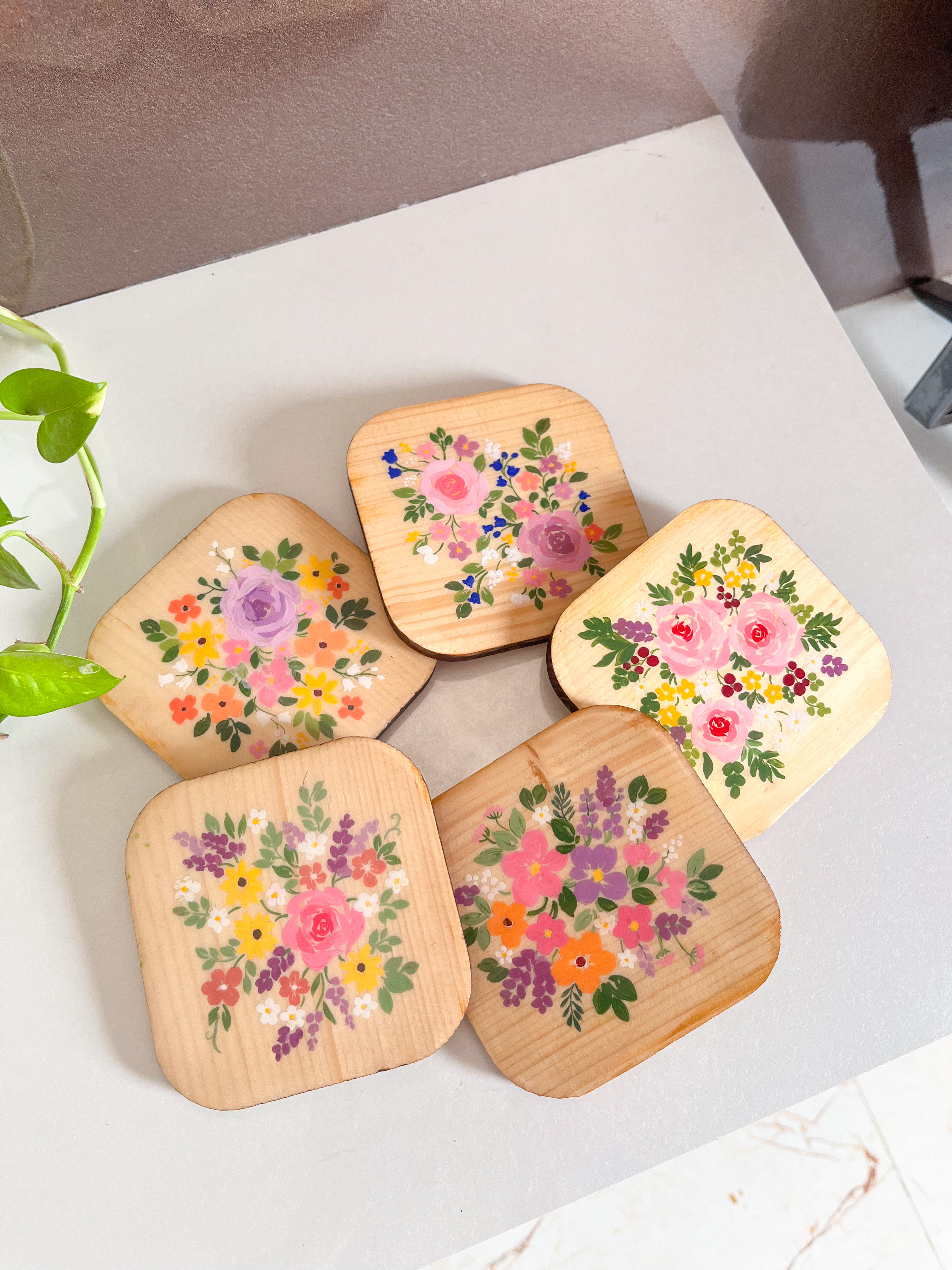 Hand-Painted Floral Coasters - Set of 5