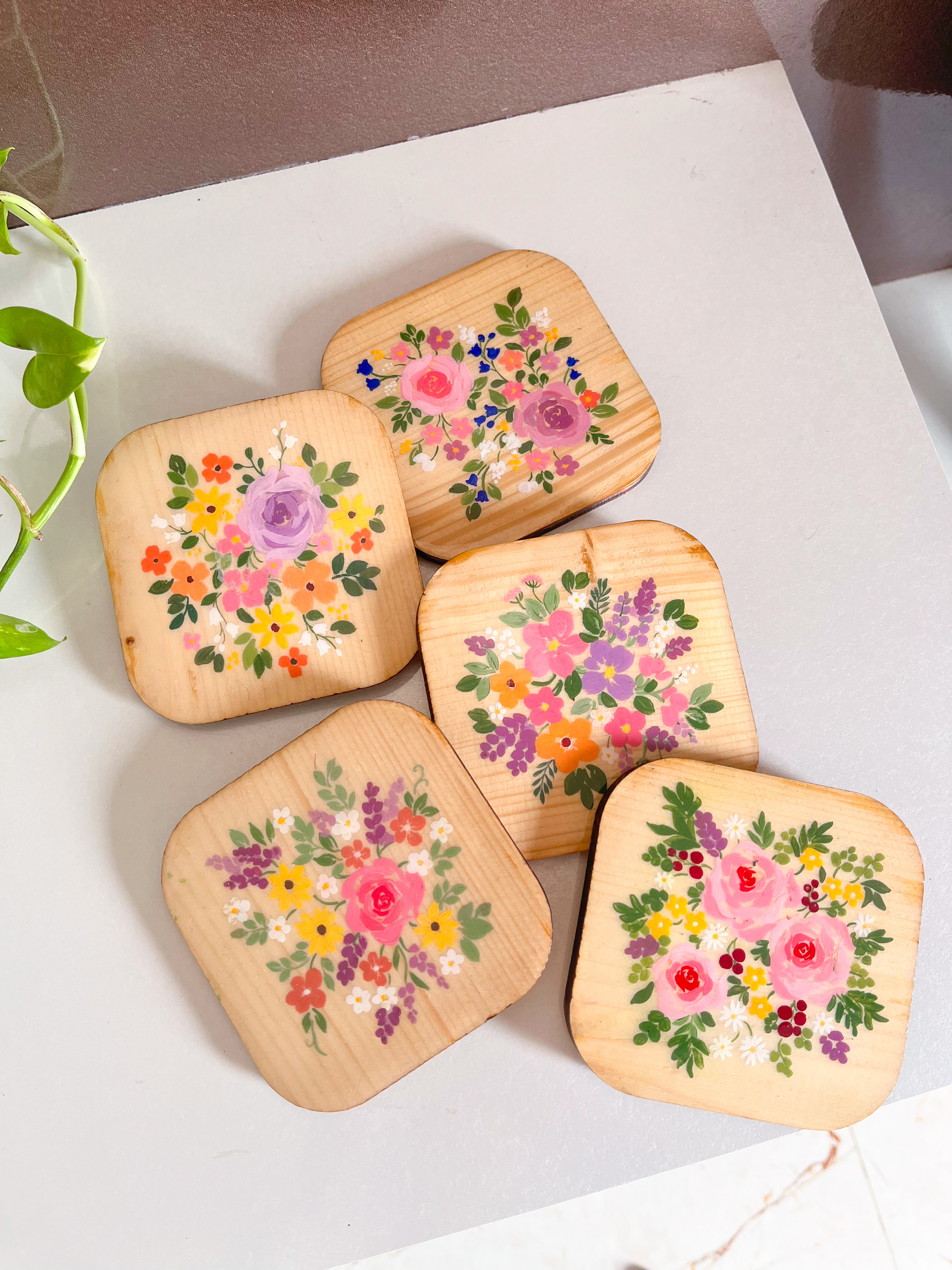 Hand-Painted Floral Coasters - Set of 5