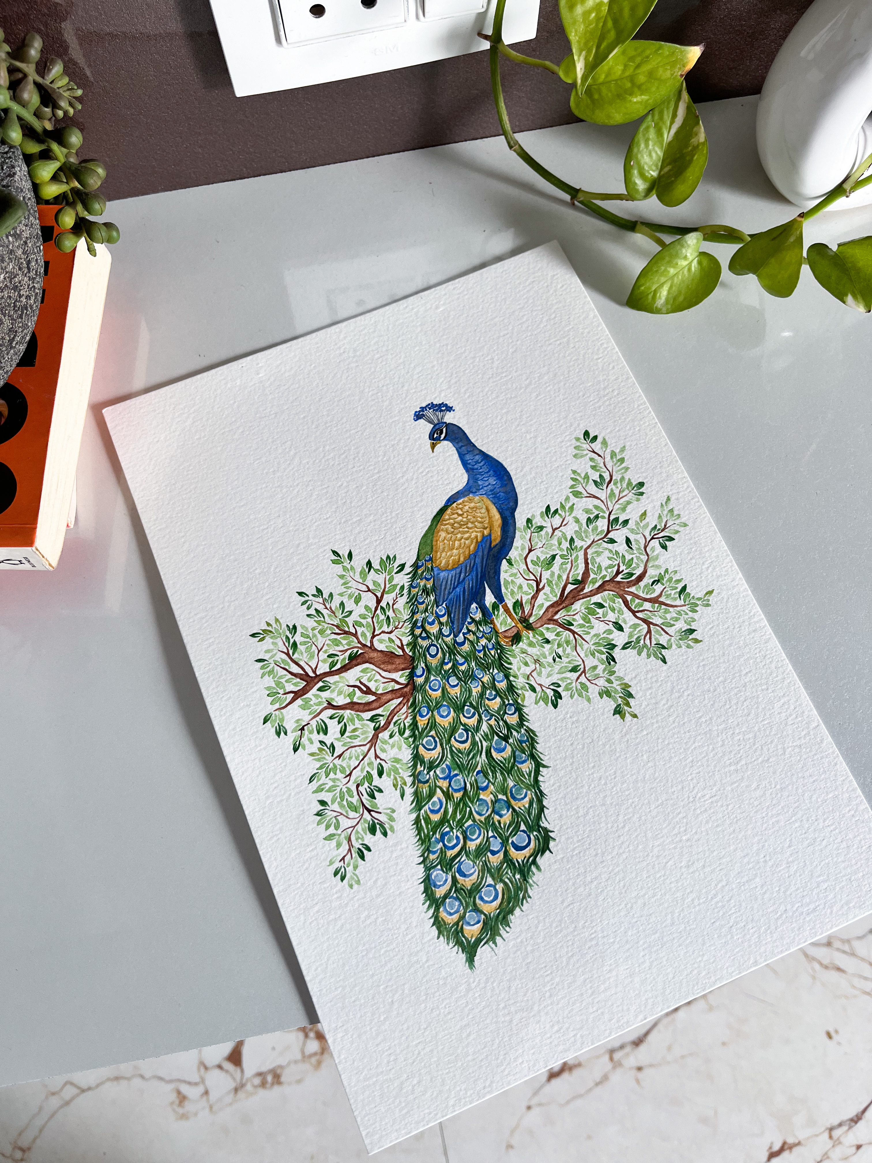 Watercolor Peacock On A Branch