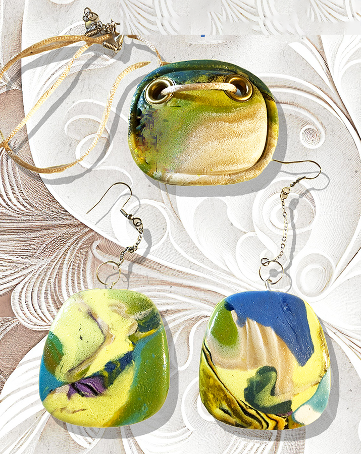 Jewelry Set - Polymer Clay Pendant & Earrings "Tropical Breeze"