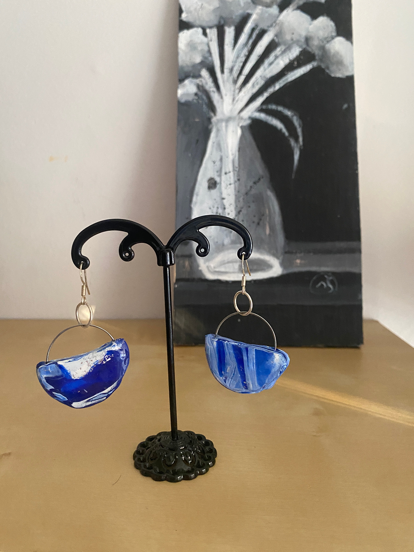 Earrings - Handmade Polymer Clay Jewelry Ocean Swirl Half-Moon 