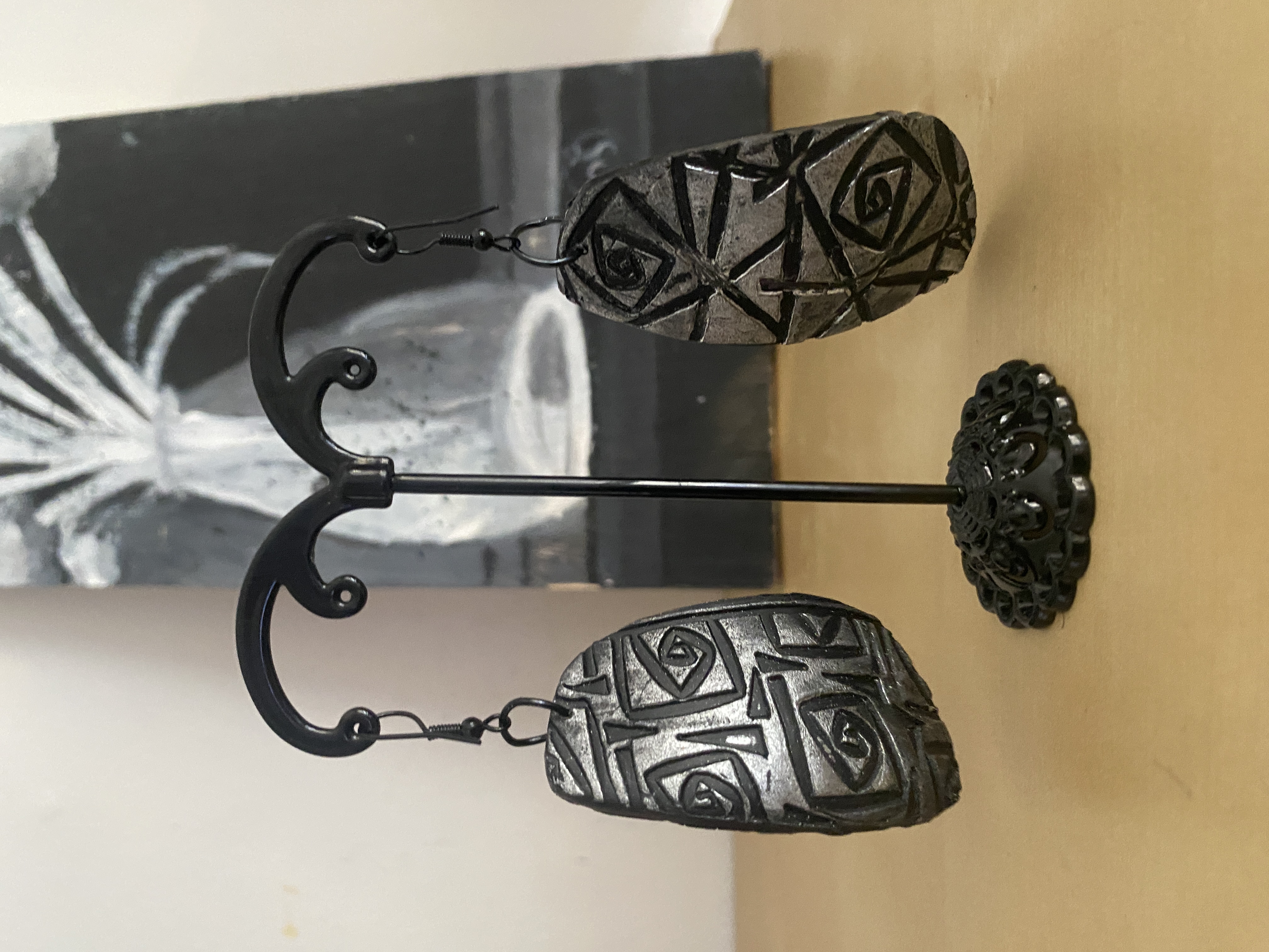 Abstract Faces Black & Silver Polymer Clay Earrings