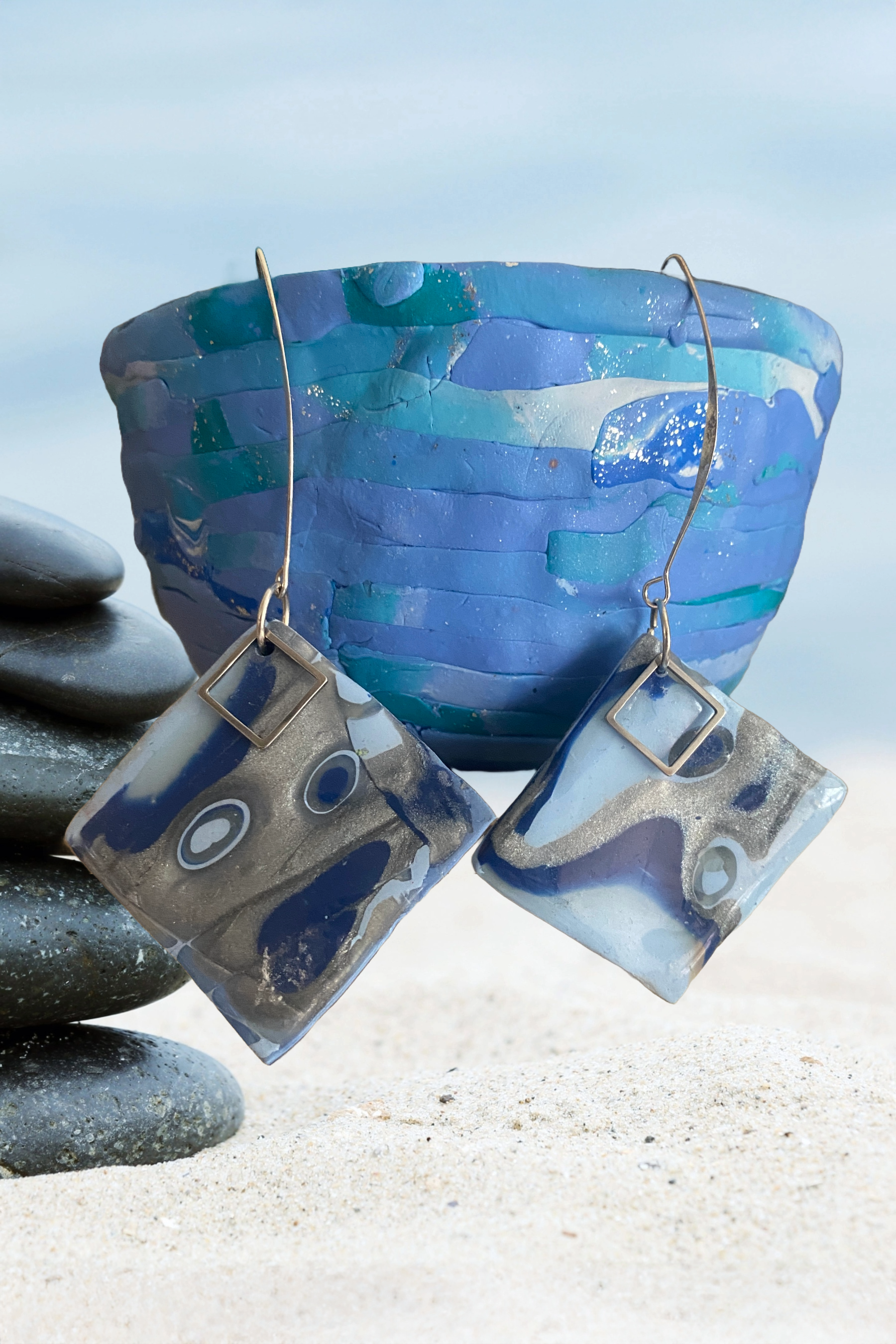 Navy & Silver Abstract Square Earrings