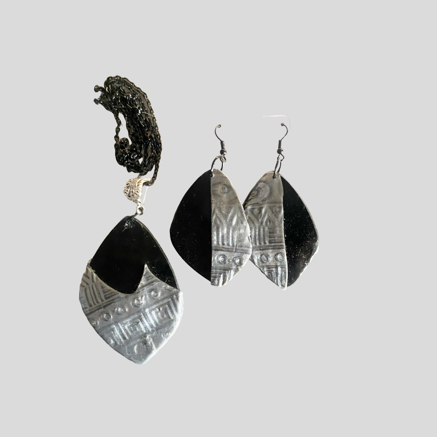 Handmade Jewelry -Black & Silver Tribal-Inspired Polymer Clay  "Tribal Noir"